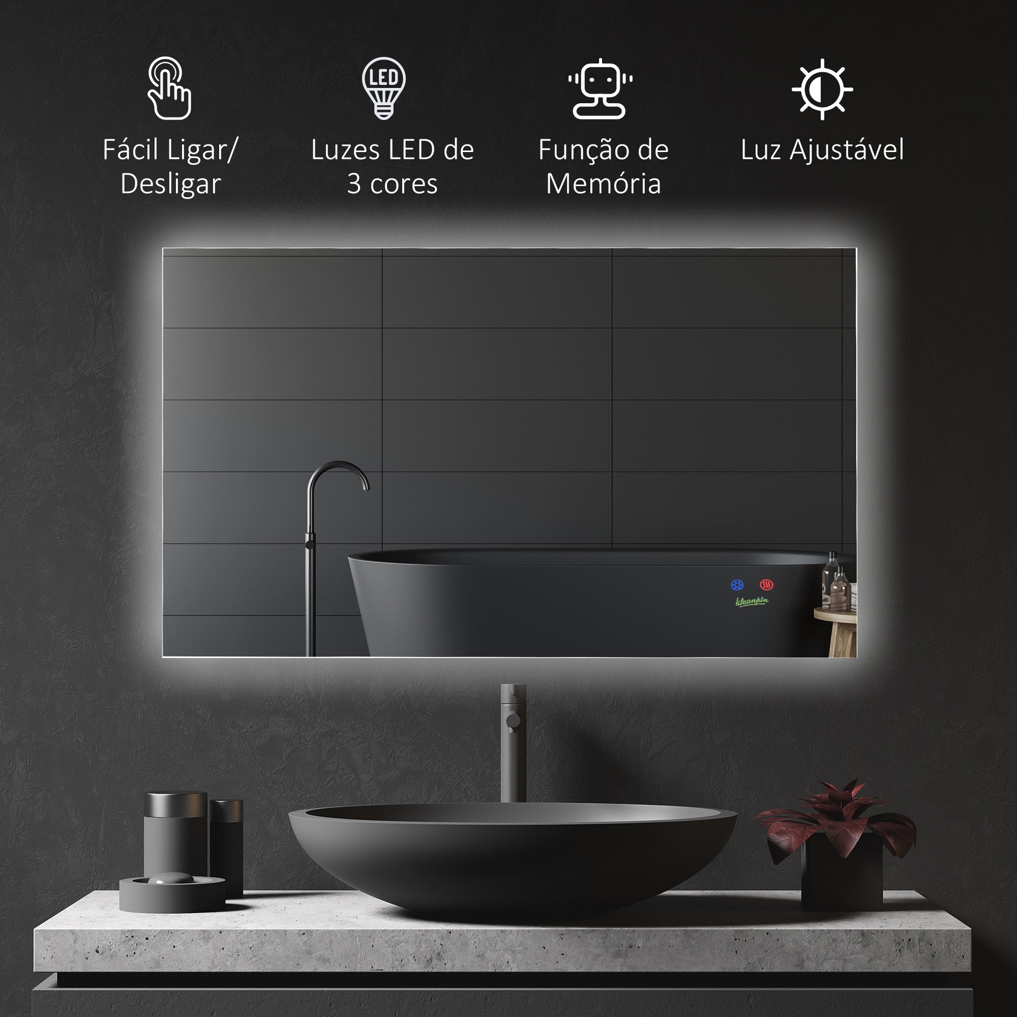 Espelho de Casa de Banho Prata 90x60cm com Luz LED Anti-Embaciamento