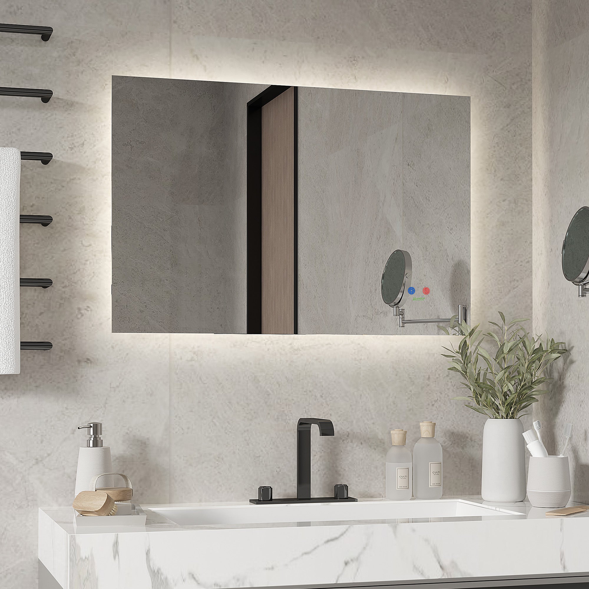 Espelho de Casa de Banho Prata 90x60cm com Luz LED Anti-Embaciamento