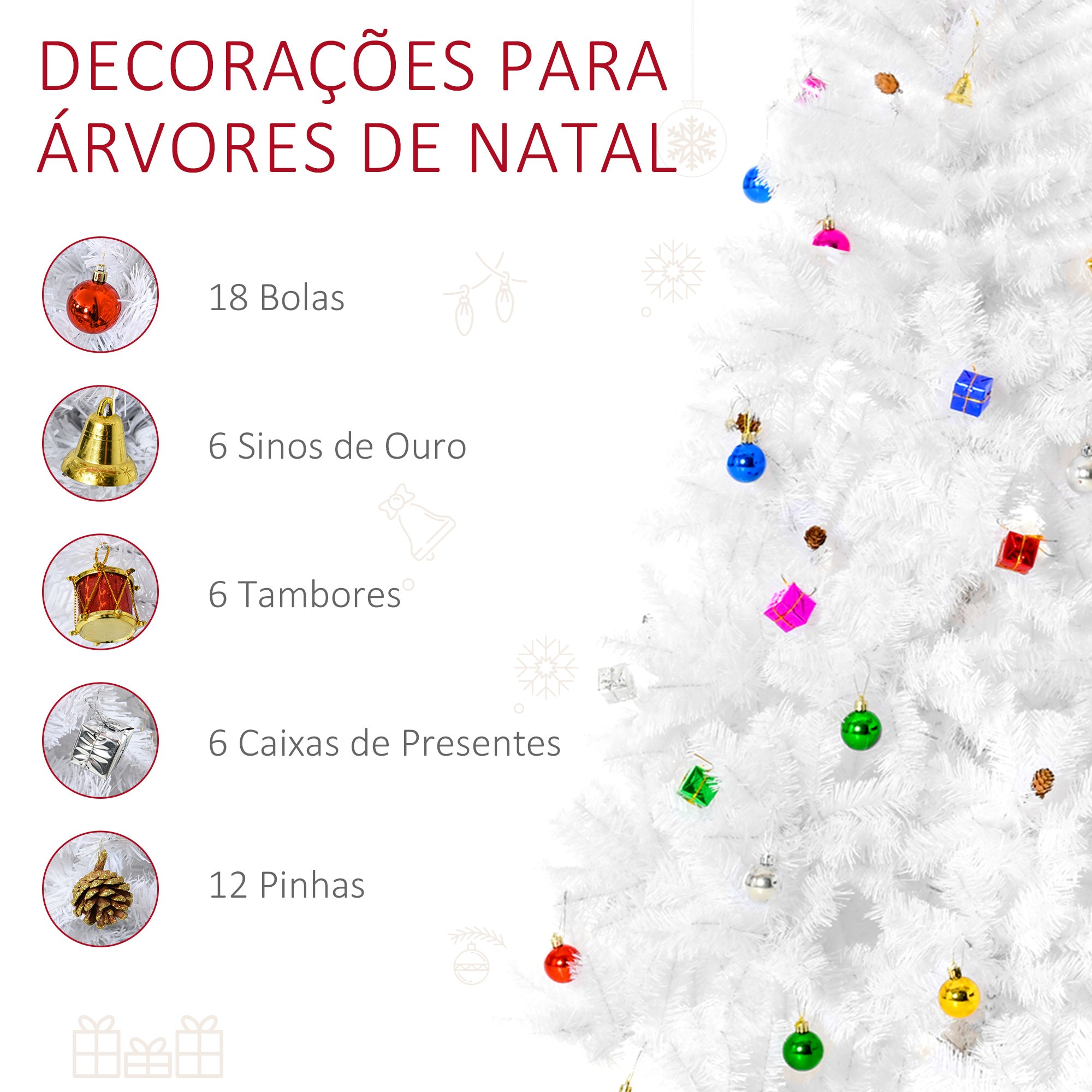 Árvore de Natal Artificial 180cm Branca com 930 Ramos de PVC e 48 Decorações - Ø105x180 cm