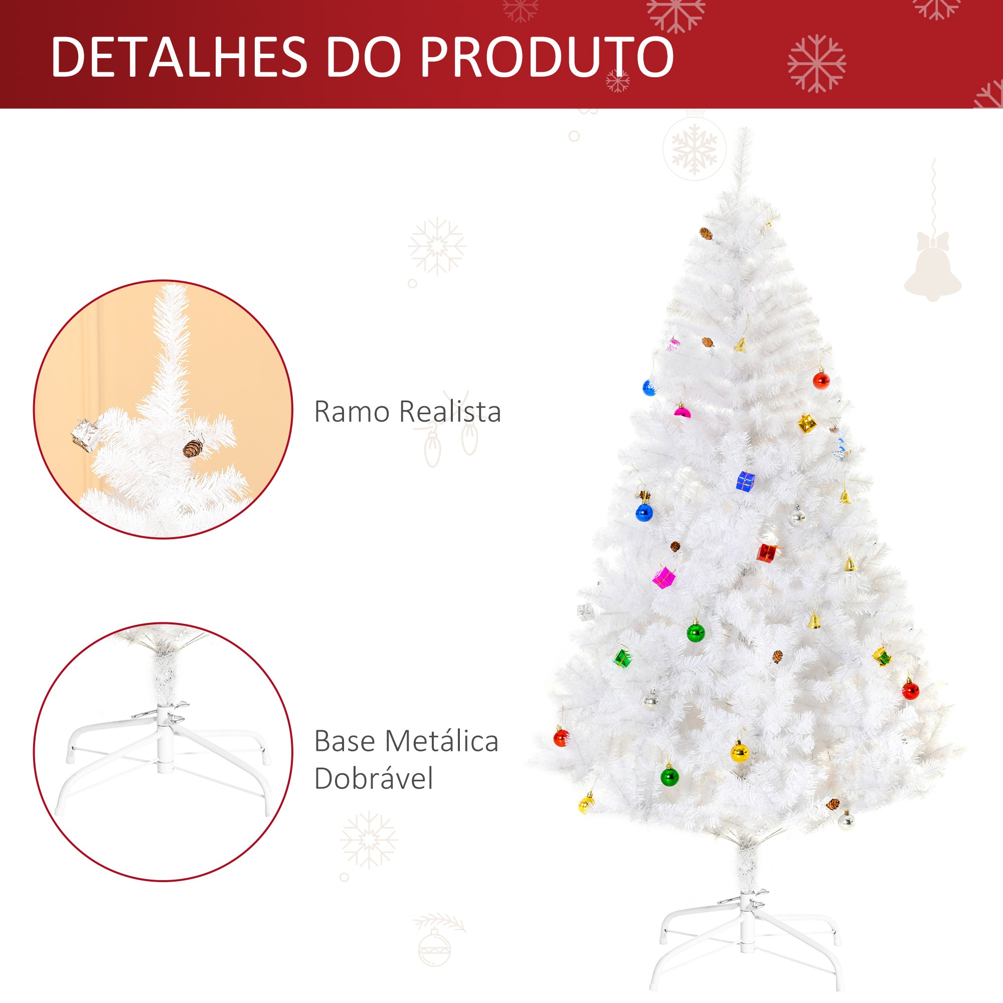 Árvore de Natal Artificial 180cm Branca com 930 Ramos de PVC e 48 Decorações - Ø105x180 cm