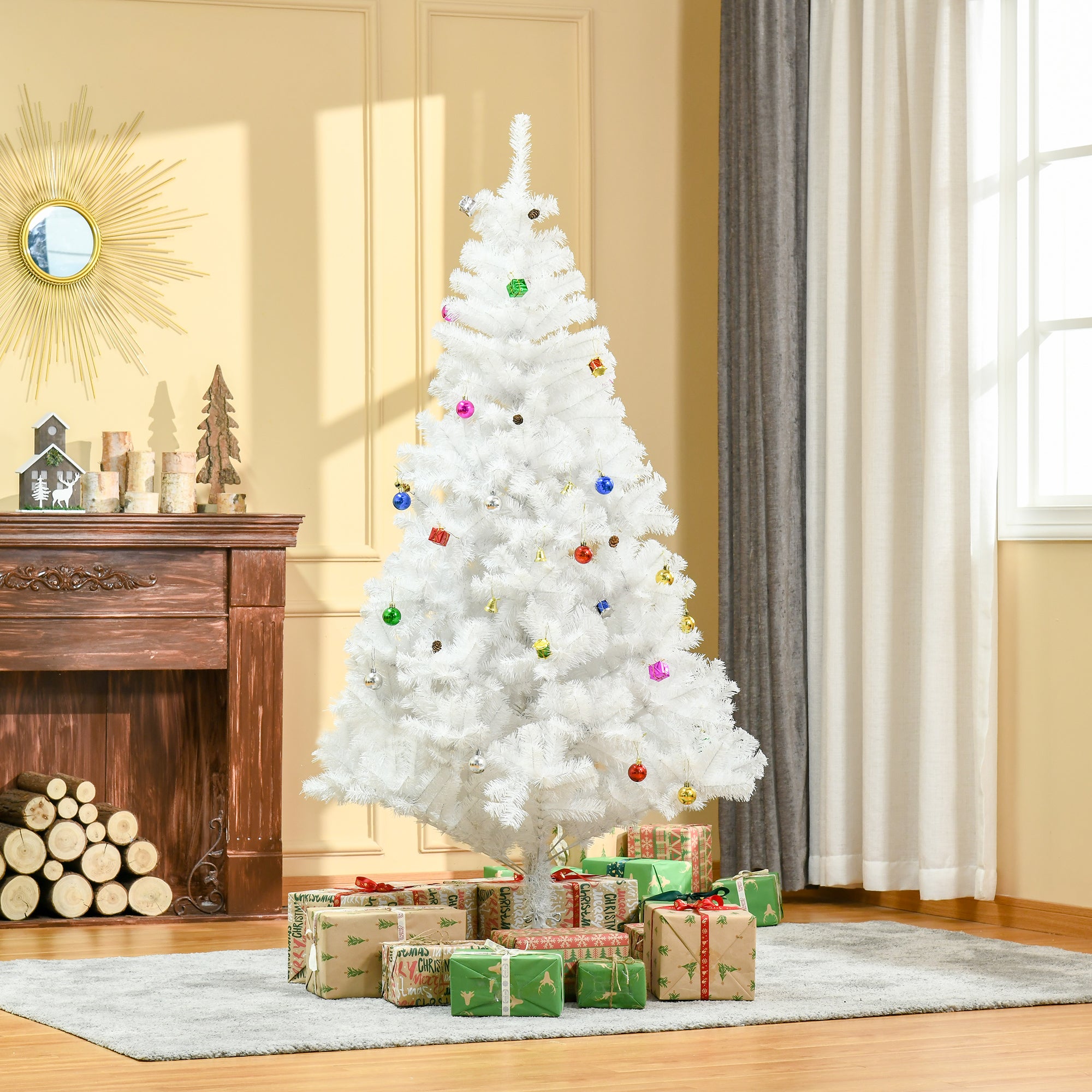 Árvore de Natal Artificial 180cm Branca com 930 Ramos de PVC e 48 Decorações - Ø105x180 cm