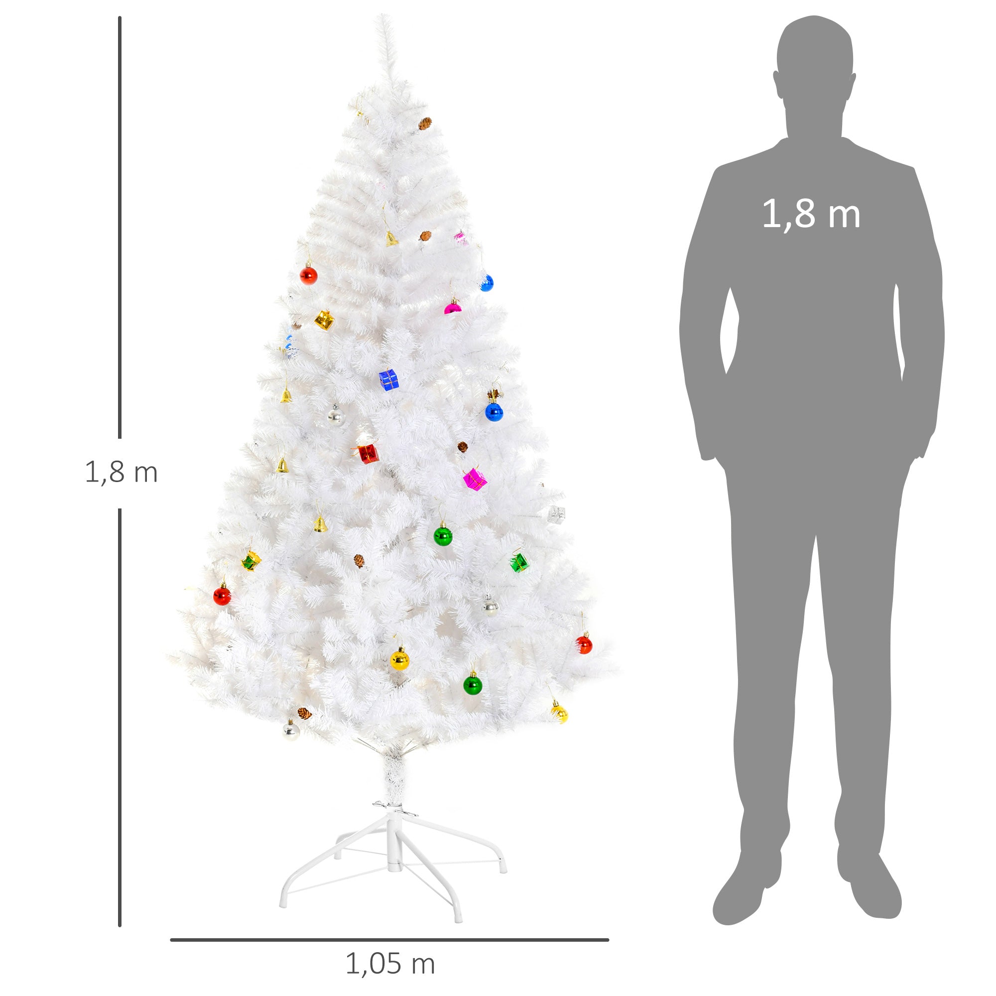 Árvore de Natal Artificial 180cm Branca com 930 Ramos de PVC e 48 Decorações - Ø105x180 cm