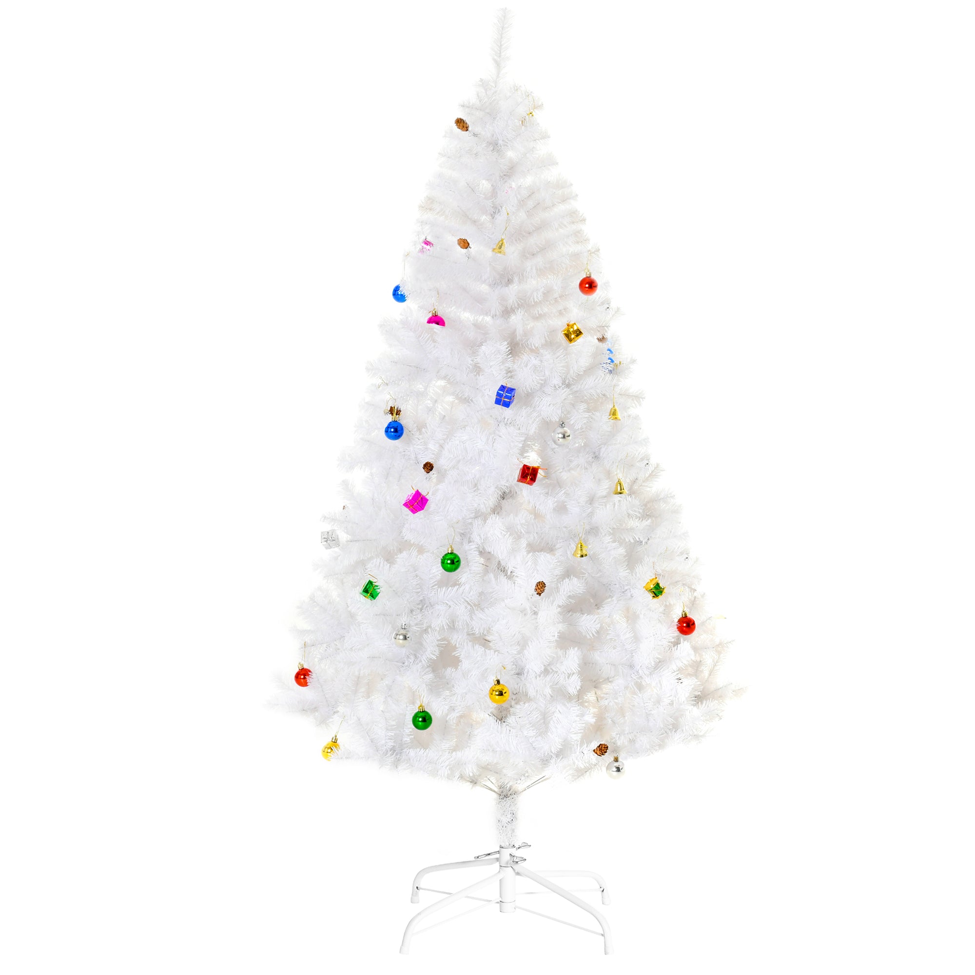 Árvore de Natal Artificial 180cm Branca com 930 Ramos de PVC e 48 Decorações - Ø105x180 cm