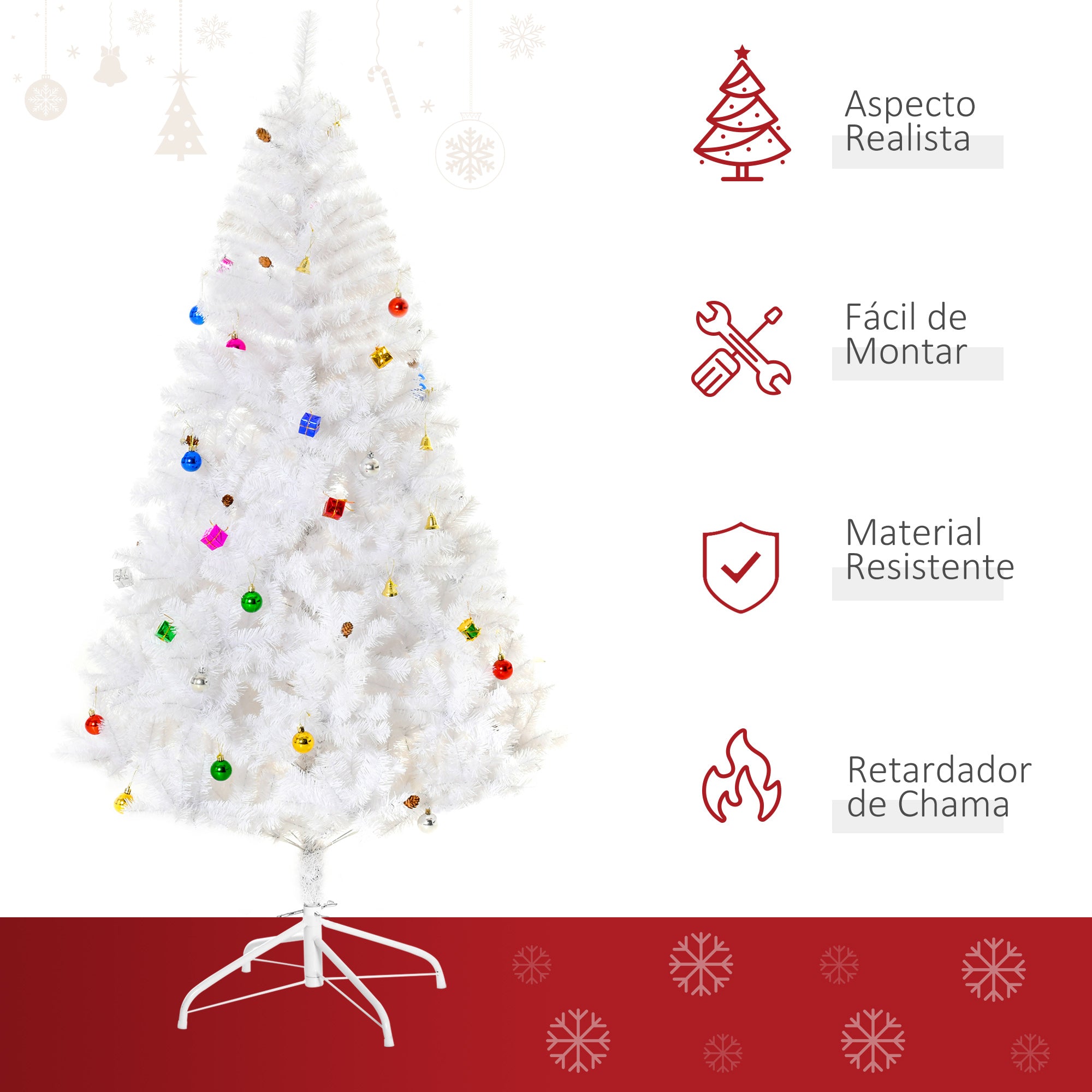 Árvore de Natal Artificial 180cm Branca com 930 Ramos de PVC e 48 Decorações - Ø105x180 cm
