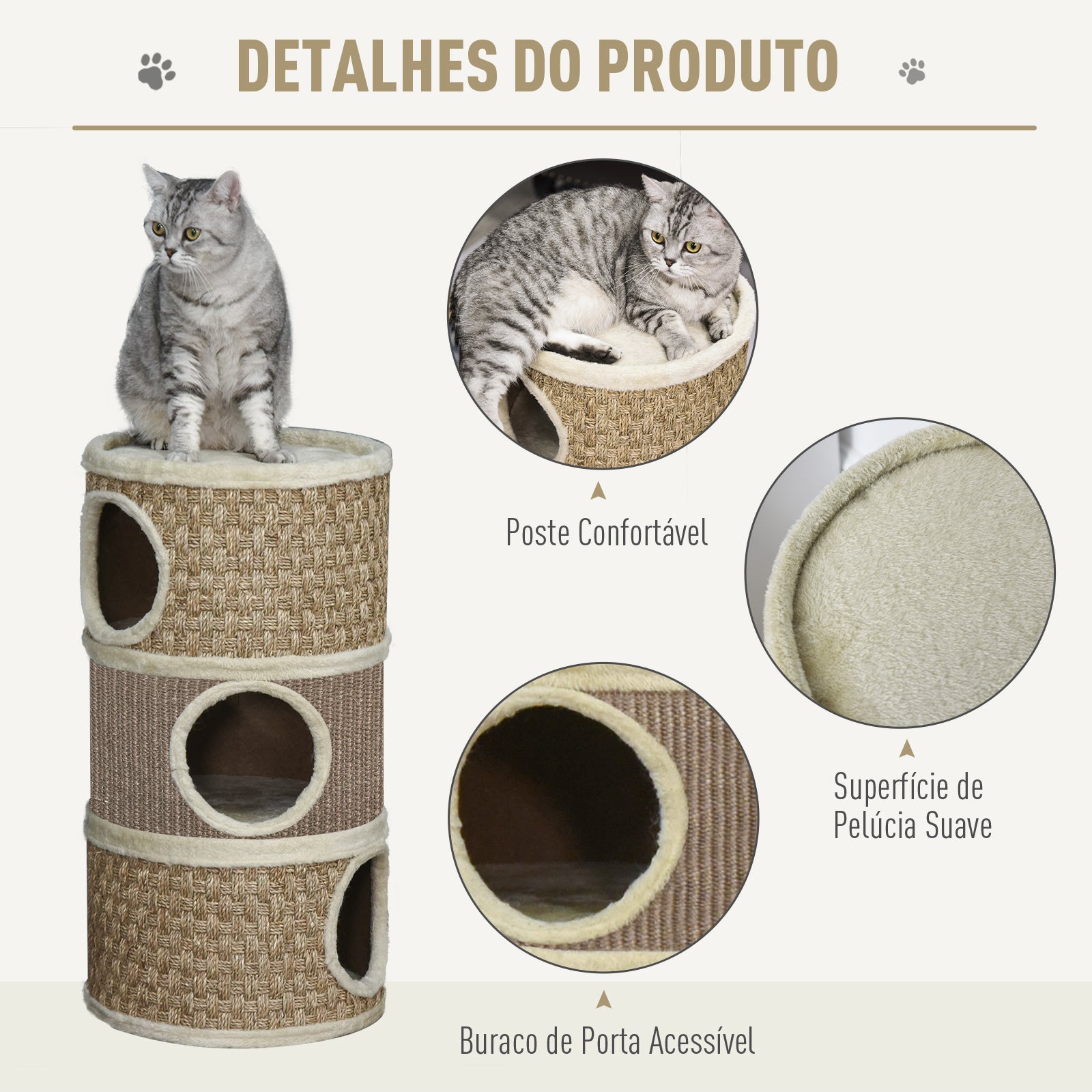 Arranhador em Forma de Cilindro para Gatos 37,5x37,5x70 cm - Castanho Claro e Bege