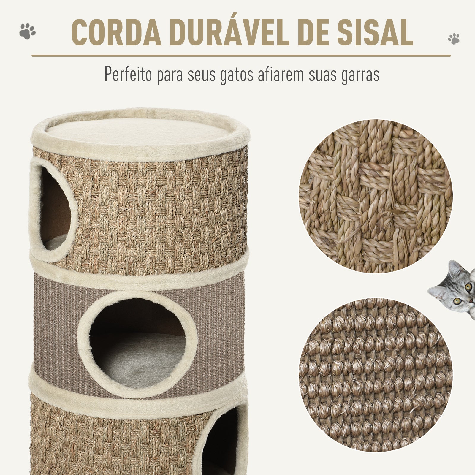 Arranhador em Forma de Cilindro para Gatos 37,5x37,5x70 cm - Castanho Claro e Bege