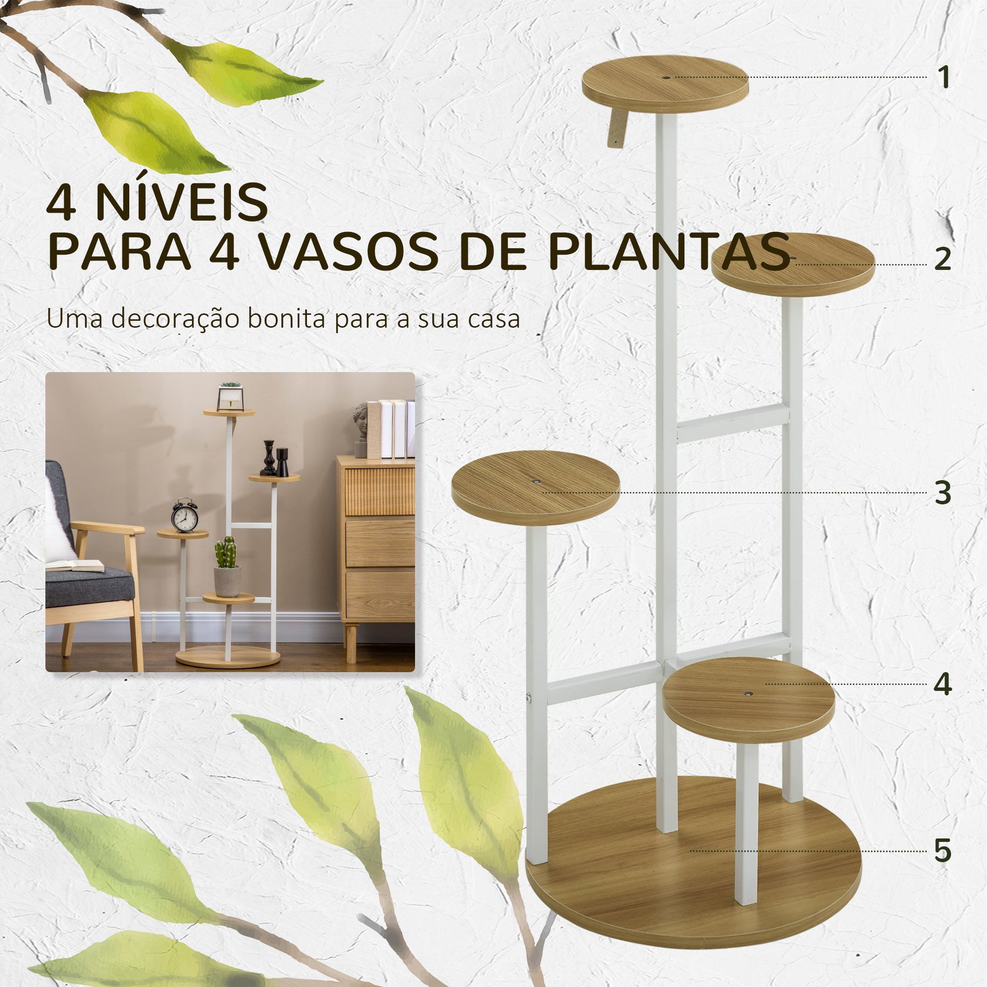 Suporte para Plantas de 4 Níveis 40x40x95,5cm em Madeira e Branco