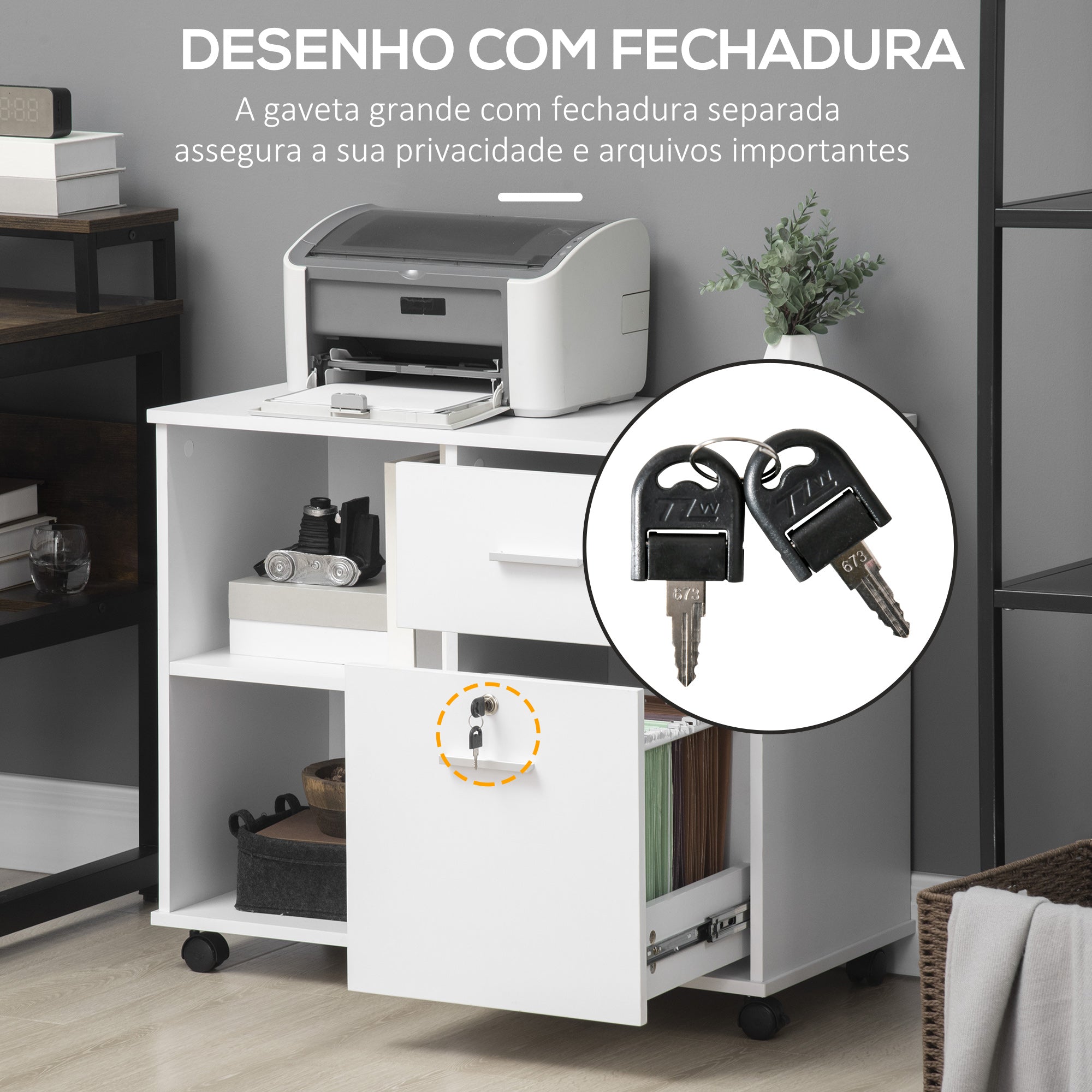 Armário Auxiliar de Escritório com Rodas 80x40x66.5 cm Branco