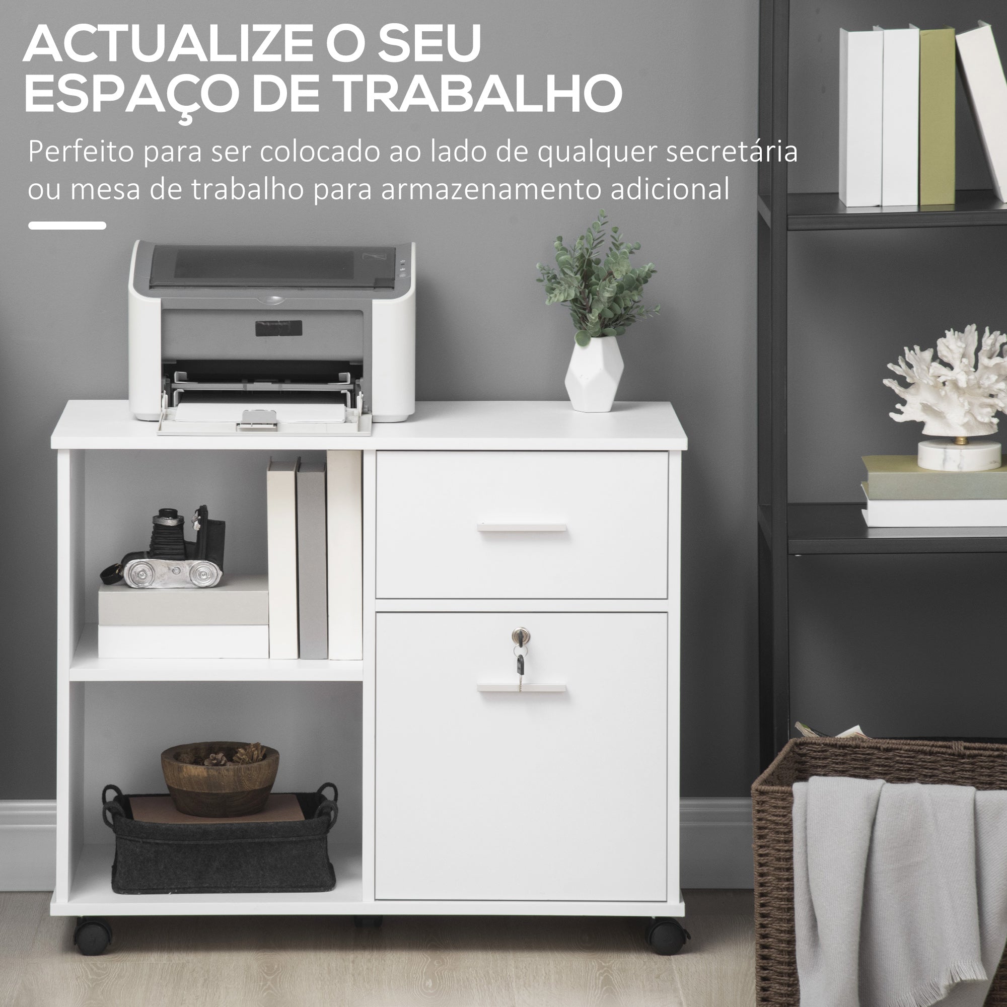 Armário Auxiliar de Escritório com Rodas 80x40x66.5 cm Branco