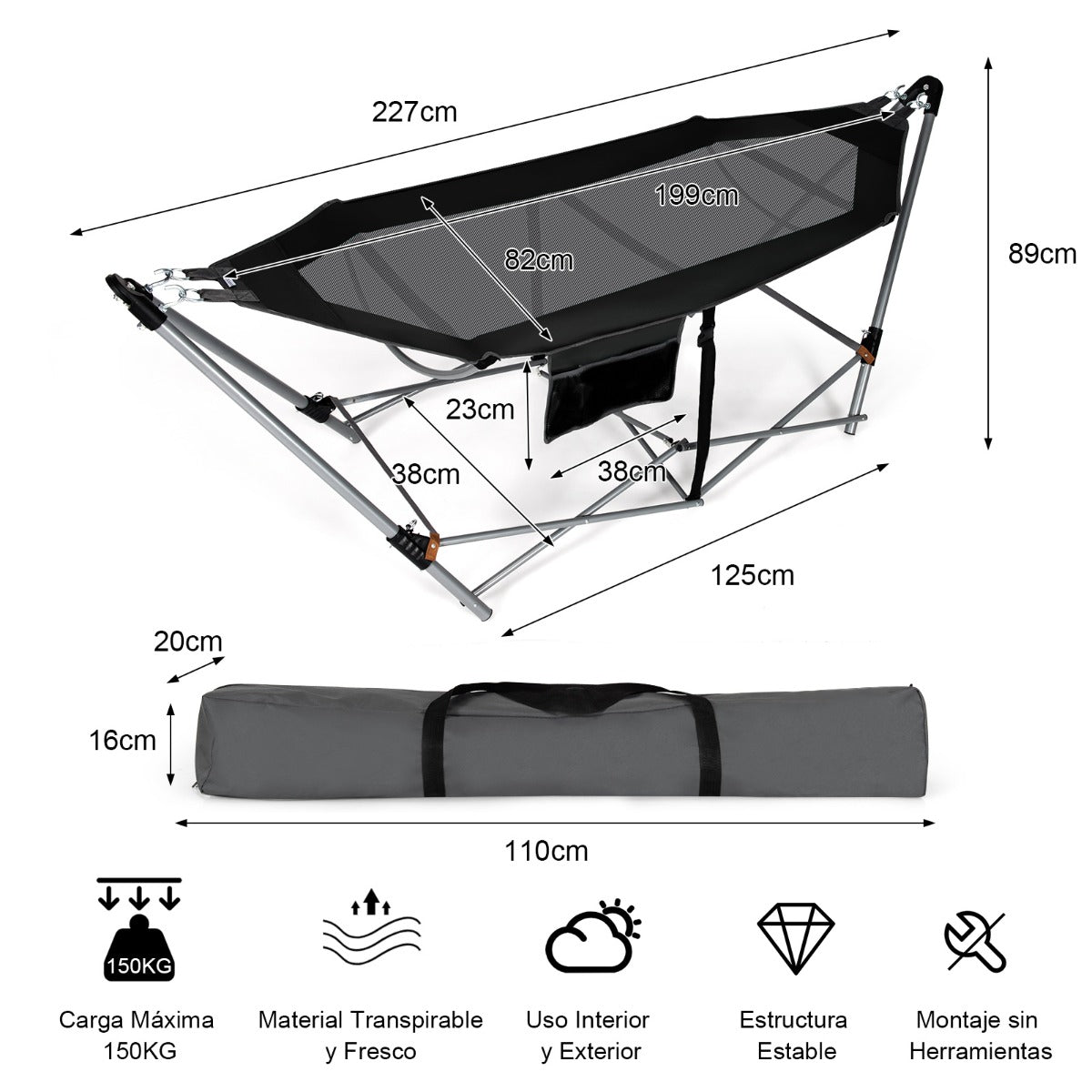 Hamaca Portátil – 227 x 83 x 89 cm – Preto – Tecido Oxford e Poliéster