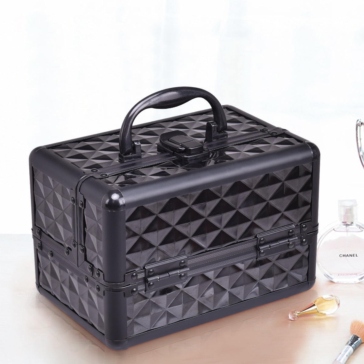 Estojo de cosméticos profissional com espelho. Estojo de comboio multiusos para cosméticos 23x15x18cm preto