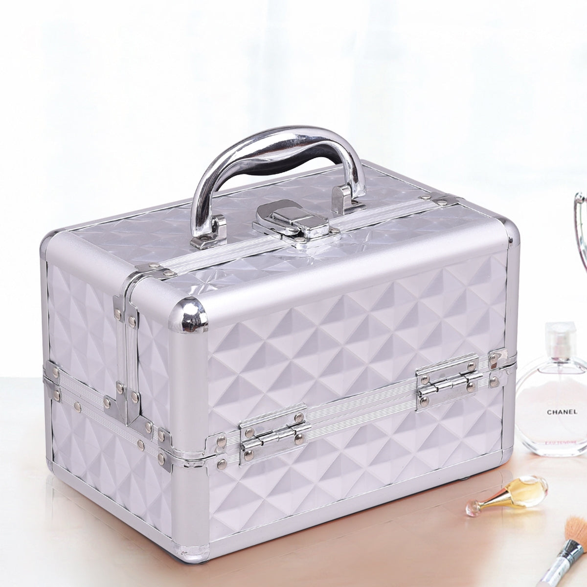 Estojo de maquilhagem profissional com espelho Estojo de viagem multiusos para cosméticos 23x15x18cm Prateado