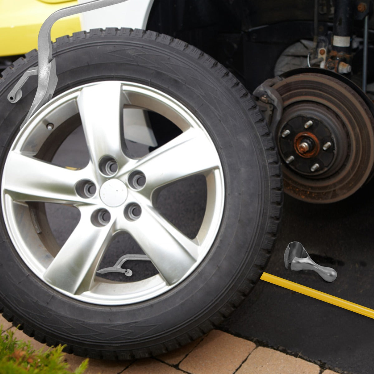 Conjunto de 3 Ferramentas Manuais com Retentor de Contas de Aço para Montar e Desmontar Pneus de 44 cm a 62 cm Amarelo