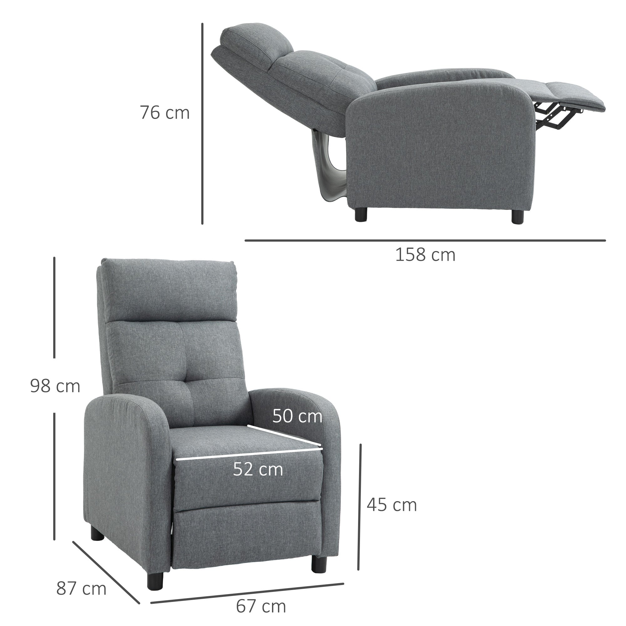 Poltrona Reclinável Cinza 67x87x98 cm - Estofada em Tecido de Linho