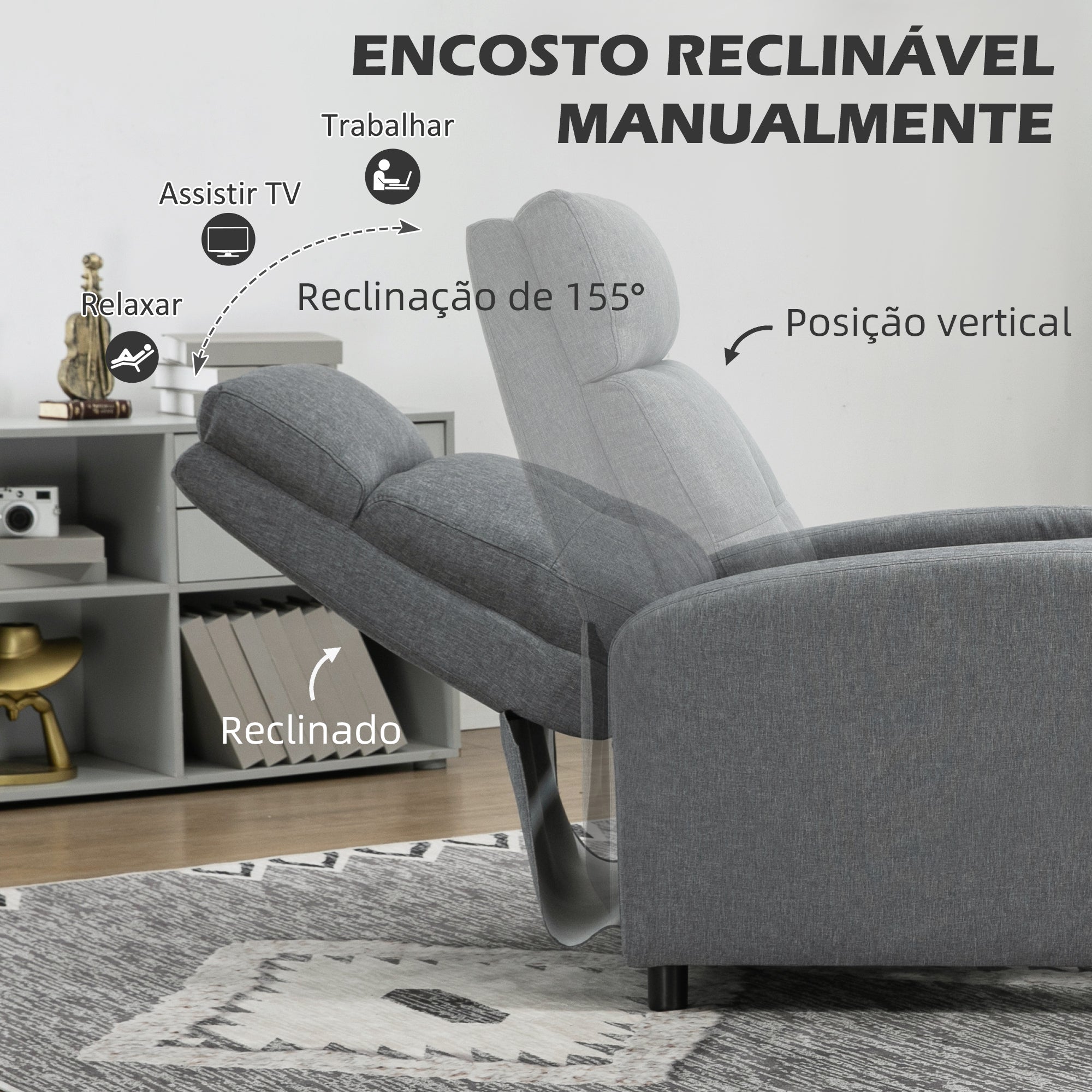 Poltrona Reclinável Cinza 67x87x98 cm - Estofada em Tecido de Linho