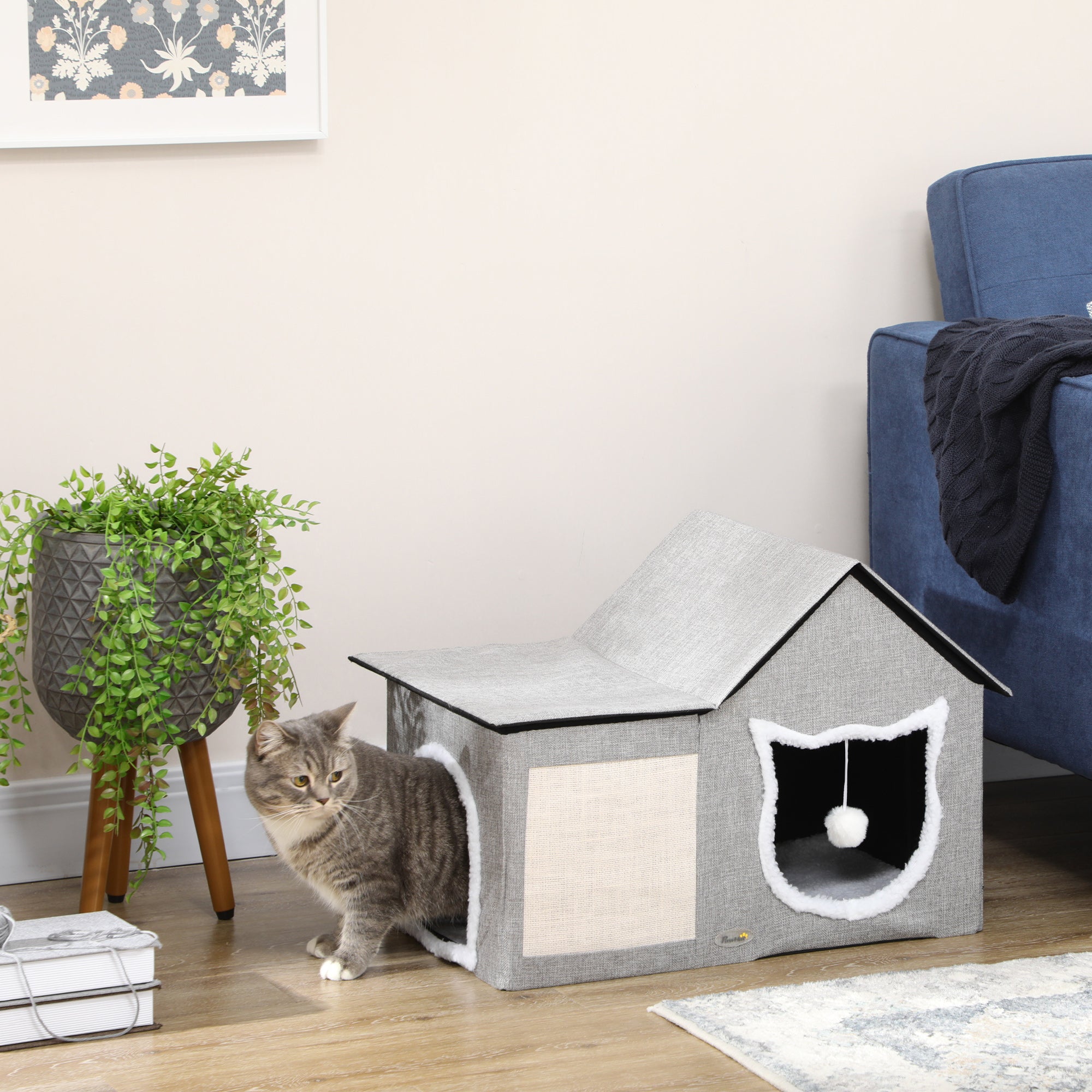 Casa para Gatos Interior com Almofada para Arranhar – 65x41x45,5 cm – Cinza – MDF