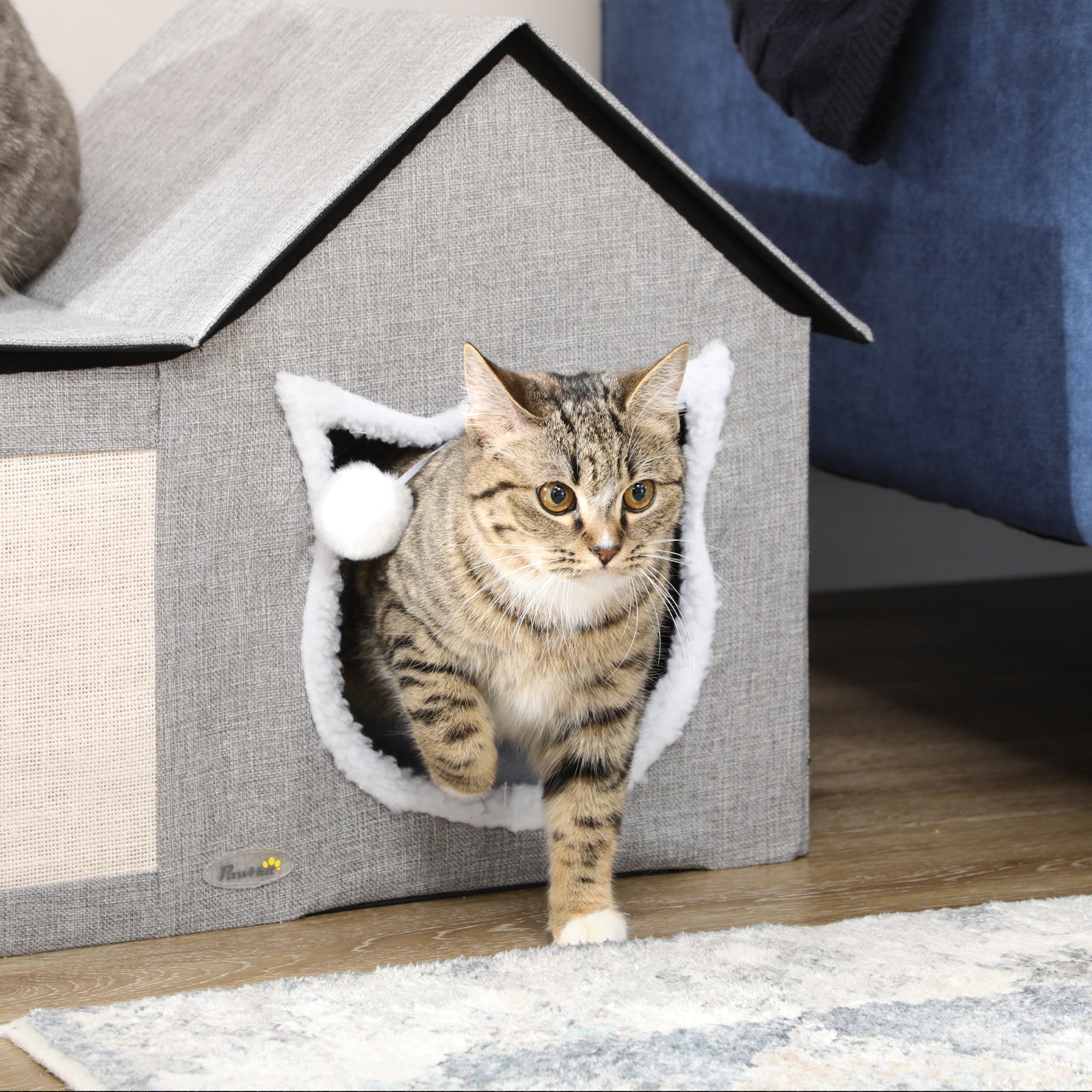 Casa para Gatos Interior com Almofada para Arranhar – 65x41x45,5 cm – Cinza – MDF