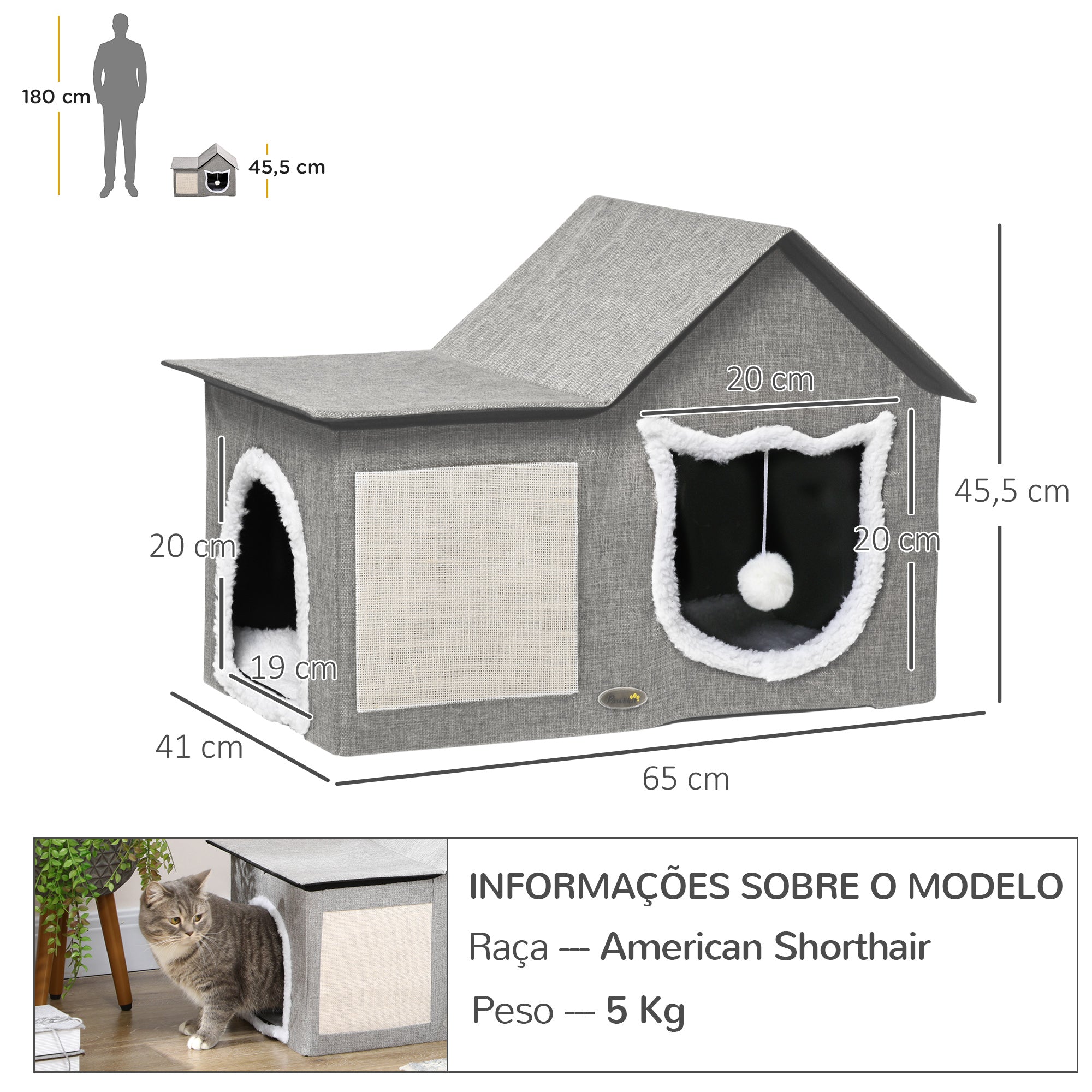 Casa para Gatos Interior com Almofada para Arranhar – 65x41x45,5 cm – Cinza – MDF