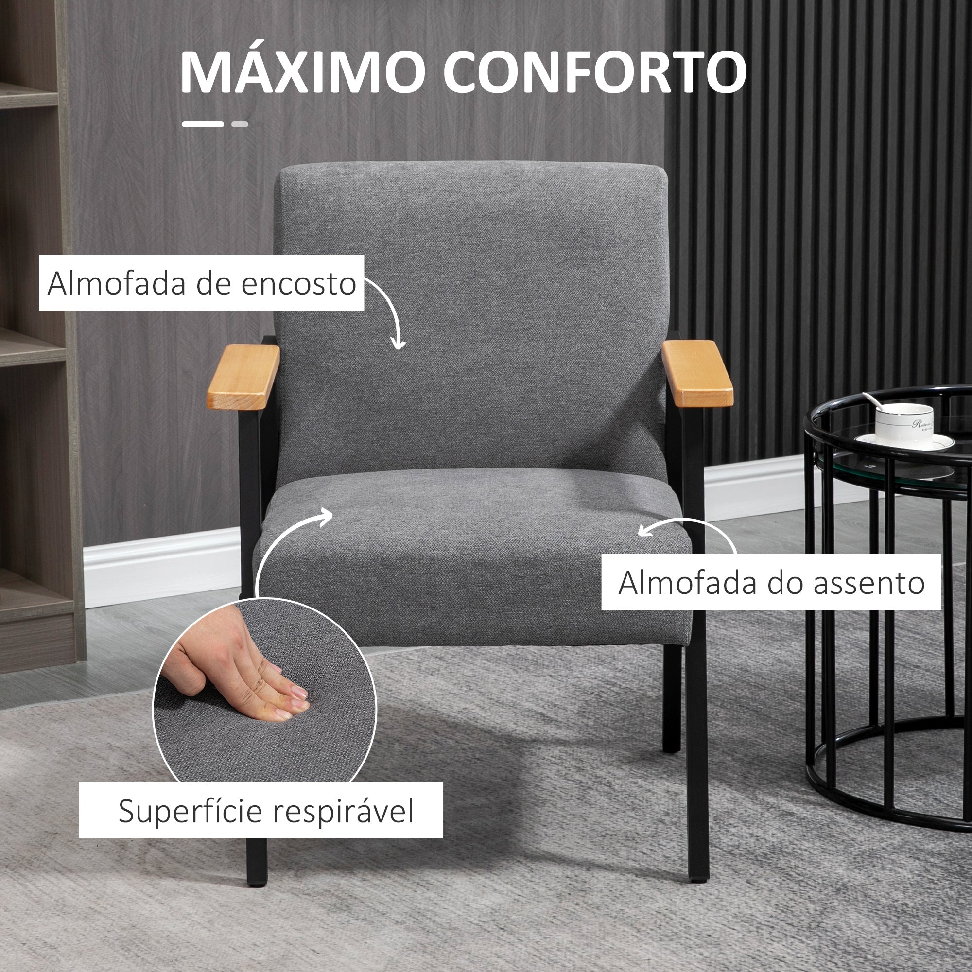 Poltrona Estofada Moderna – 64x5x70x83,5 cm – Cinza – Poliéster