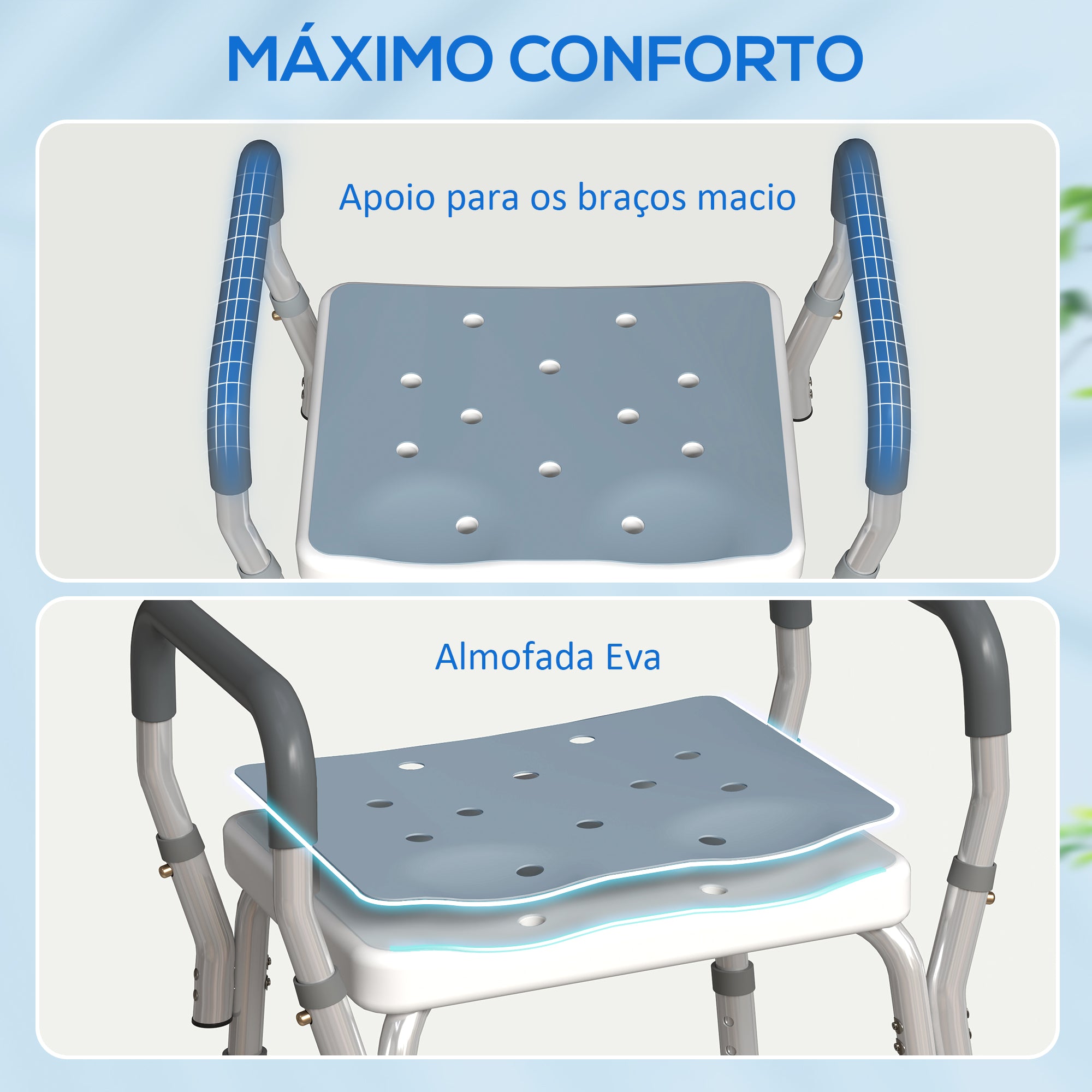Banco de Duche Altura Ajustável 52x45x57-69 cm Azul Alumínio HDPE EVA