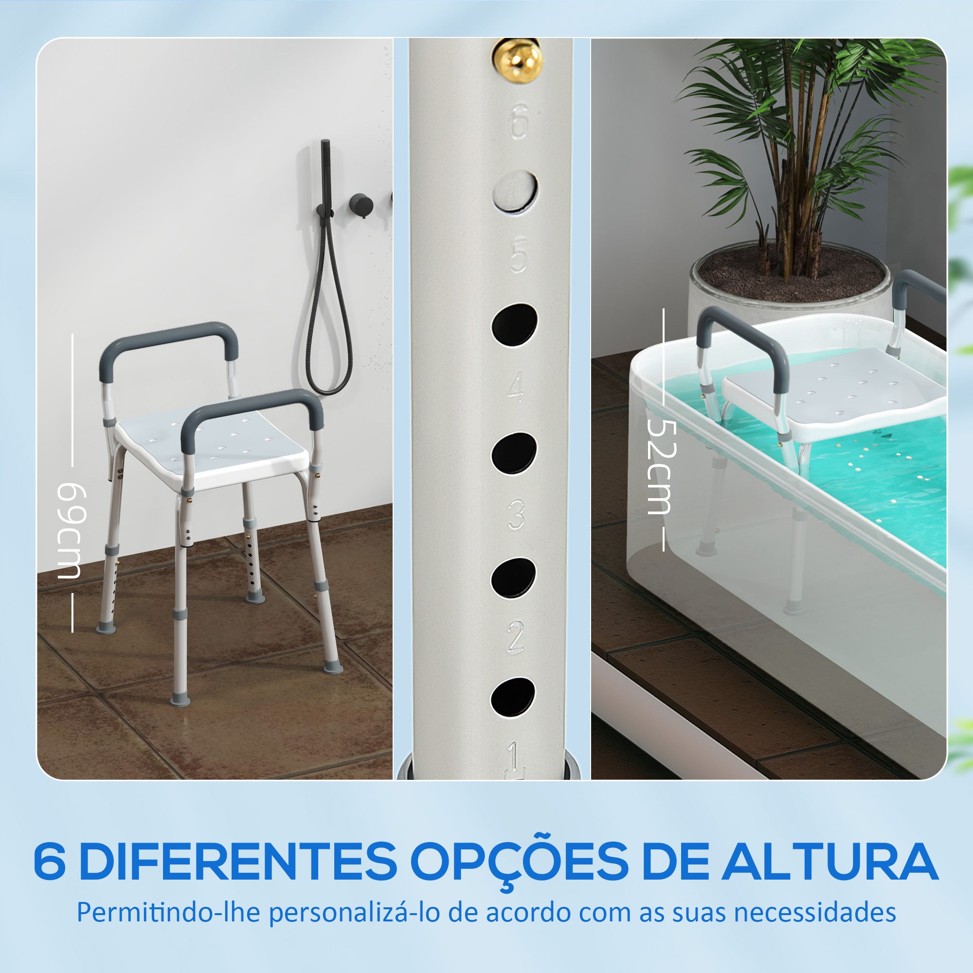 Banco de Duche Altura Ajustável 52x45x57-69 cm Azul Alumínio HDPE EVA