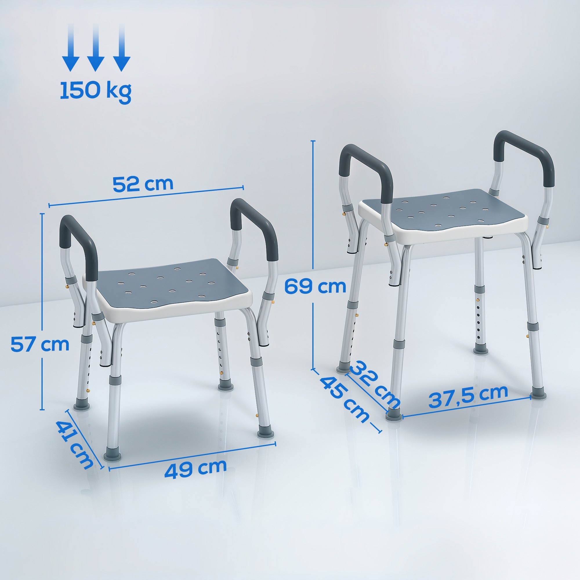 Banco de Duche Altura Ajustável 52x45x57-69 cm Azul Alumínio HDPE EVA