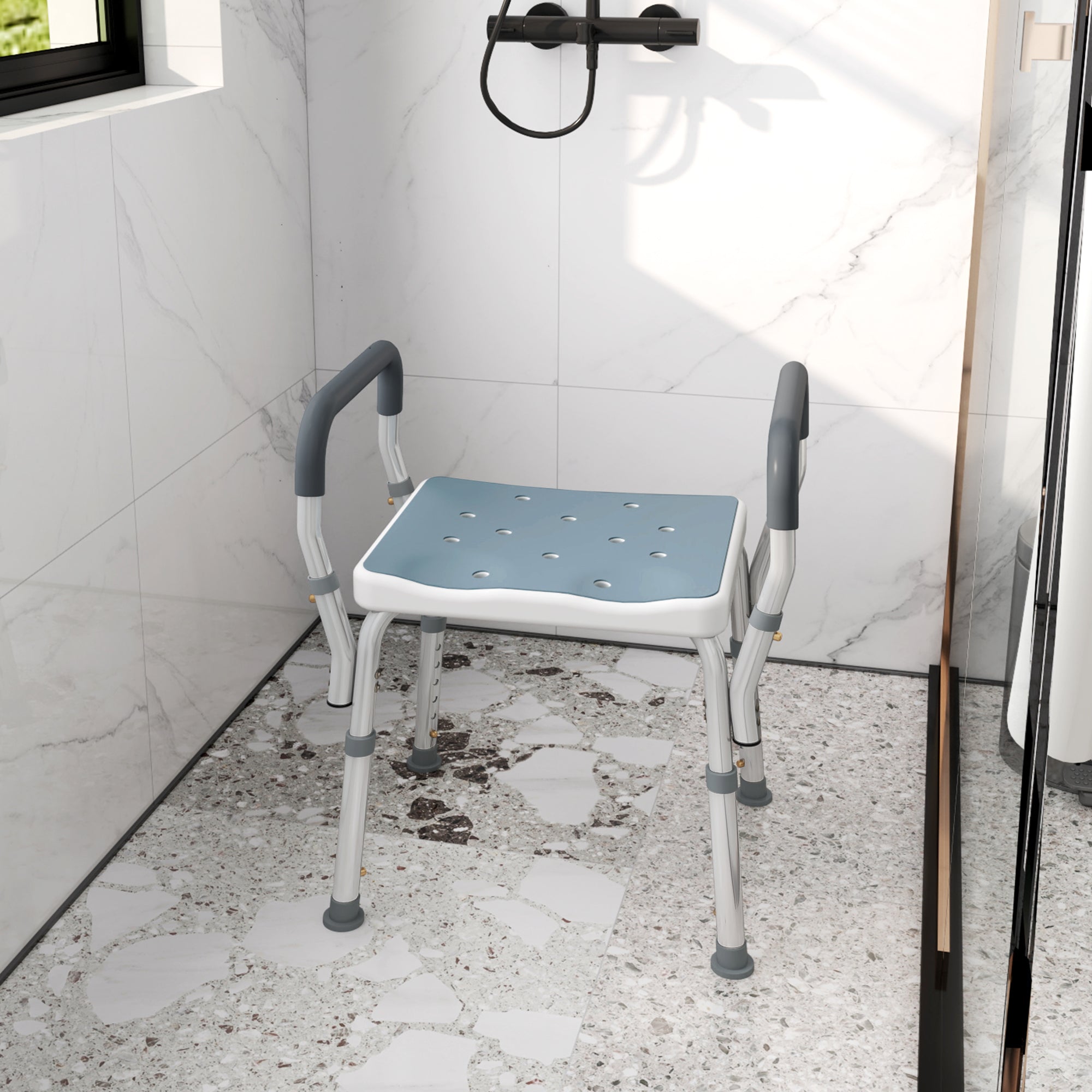 Banco de Duche Altura Ajustável 52x45x57-69 cm Azul Alumínio HDPE EVA