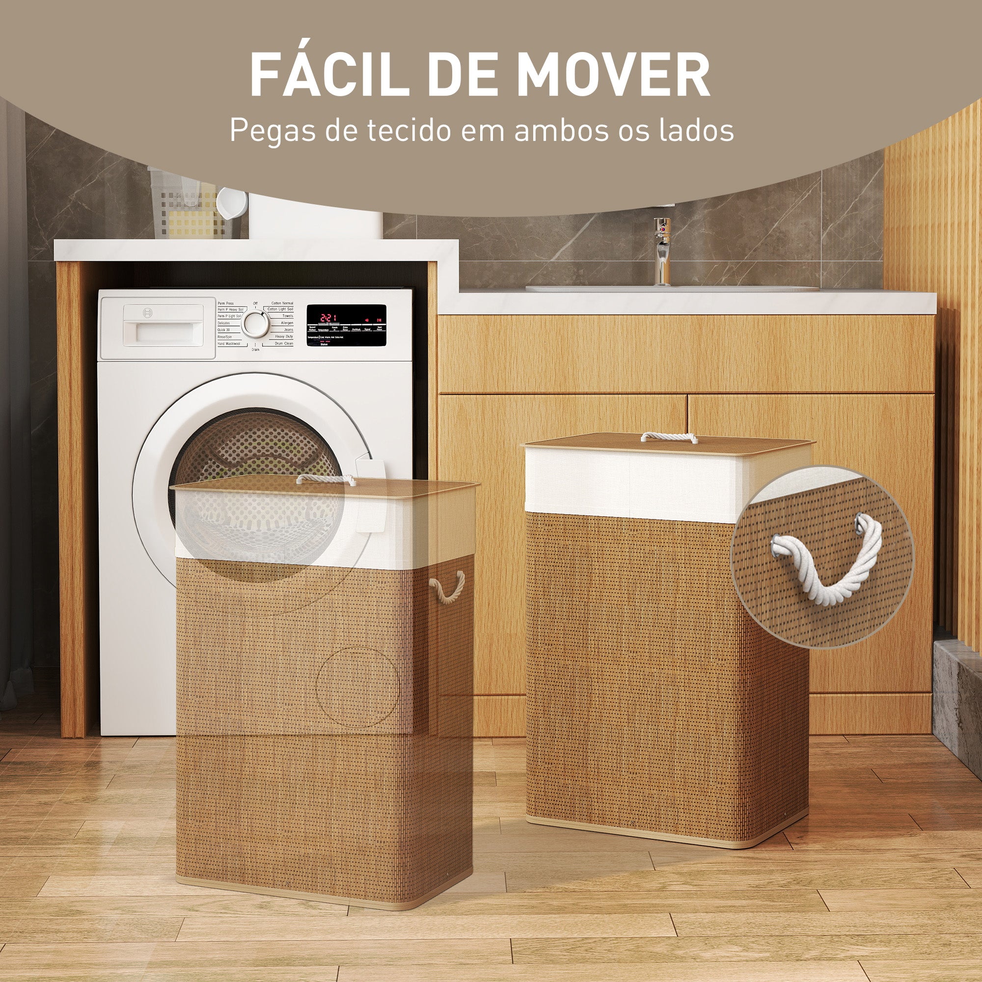 Cesto de Roupa 72L em Bambu - 40x30x60 cm - Madeira e Creme