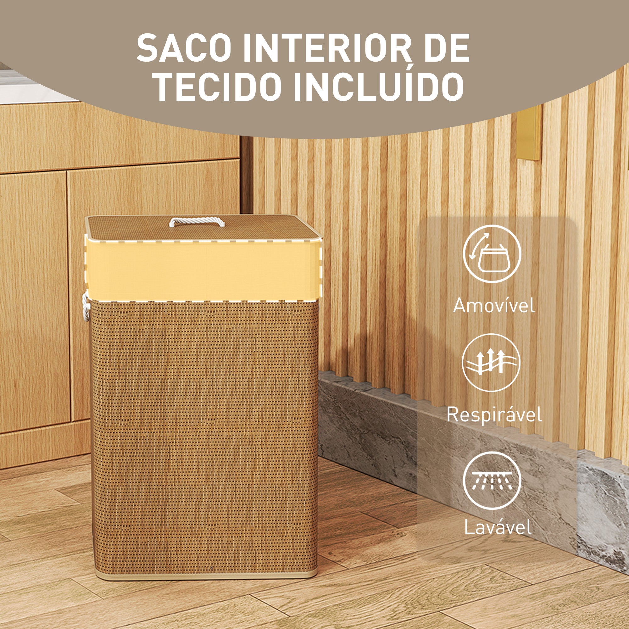Cesto de Roupa 72L em Bambu - 40x30x60 cm - Madeira e Creme