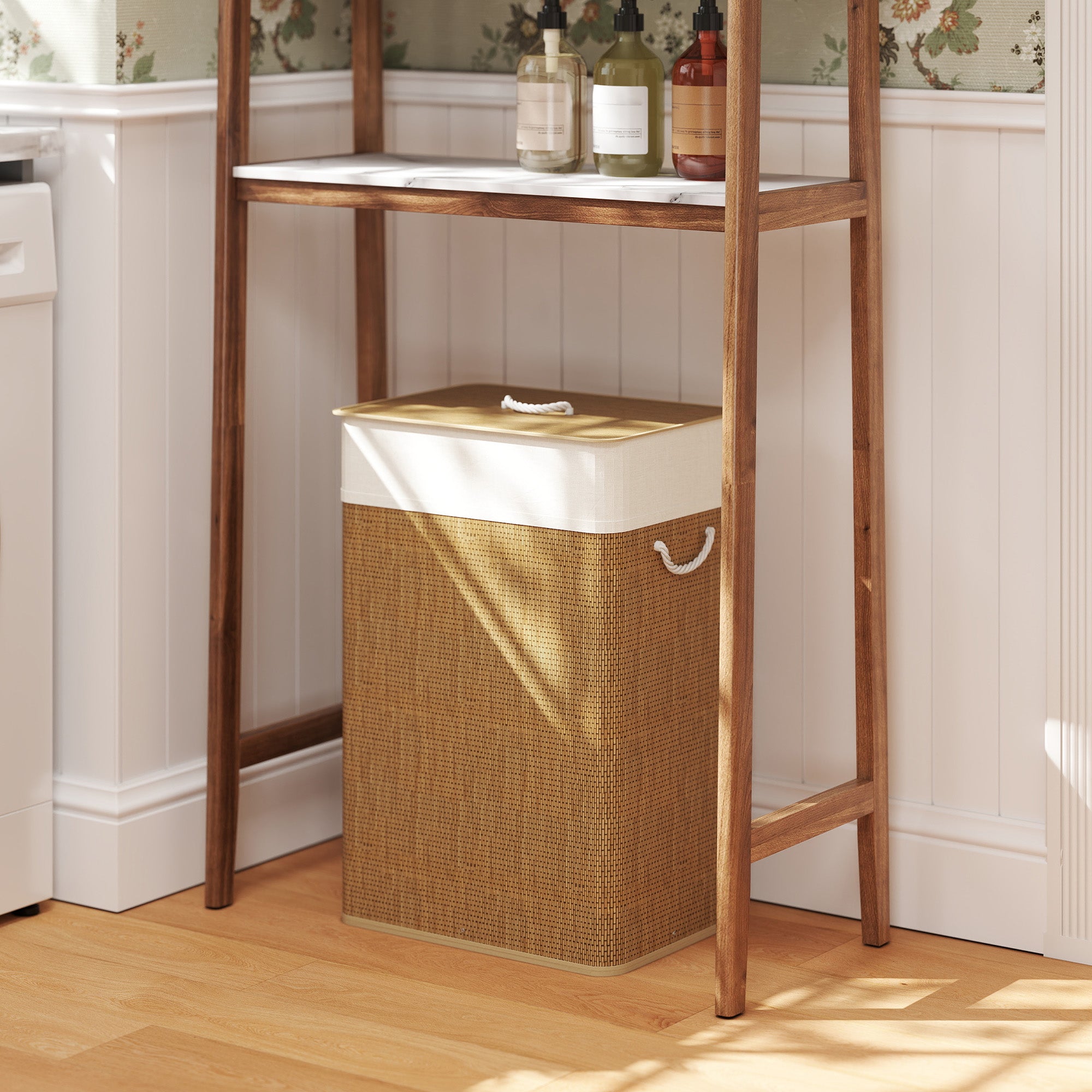 Cesto de Roupa 72L em Bambu - 40x30x60 cm - Madeira e Creme