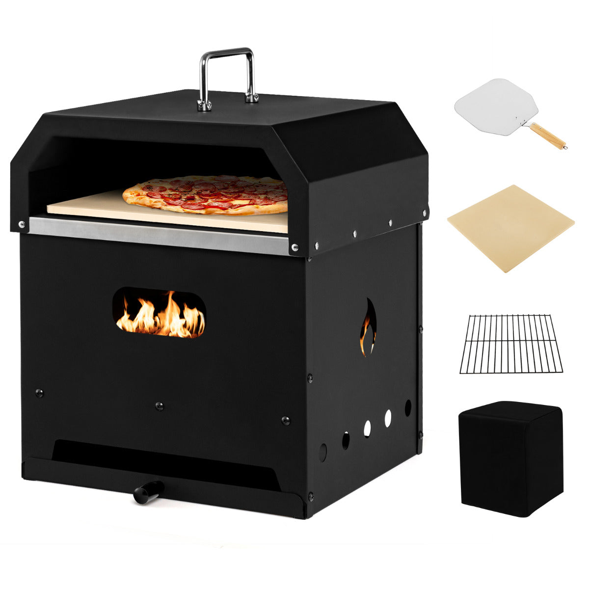 Forno de Pizza Multiusos 4 em 1 Desmontável para Exterior – 36 x 33,5 x 43,5 cm – Ferro e Aço Inoxidável