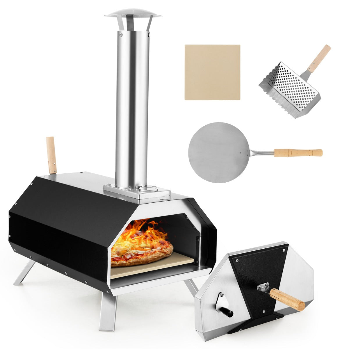 Forno de Pizza Portátil para Utilização ao Ar Livre com Pedra para Pizza Pernas Dobráveis Termómetro 51 x 38,5 x 83 cm