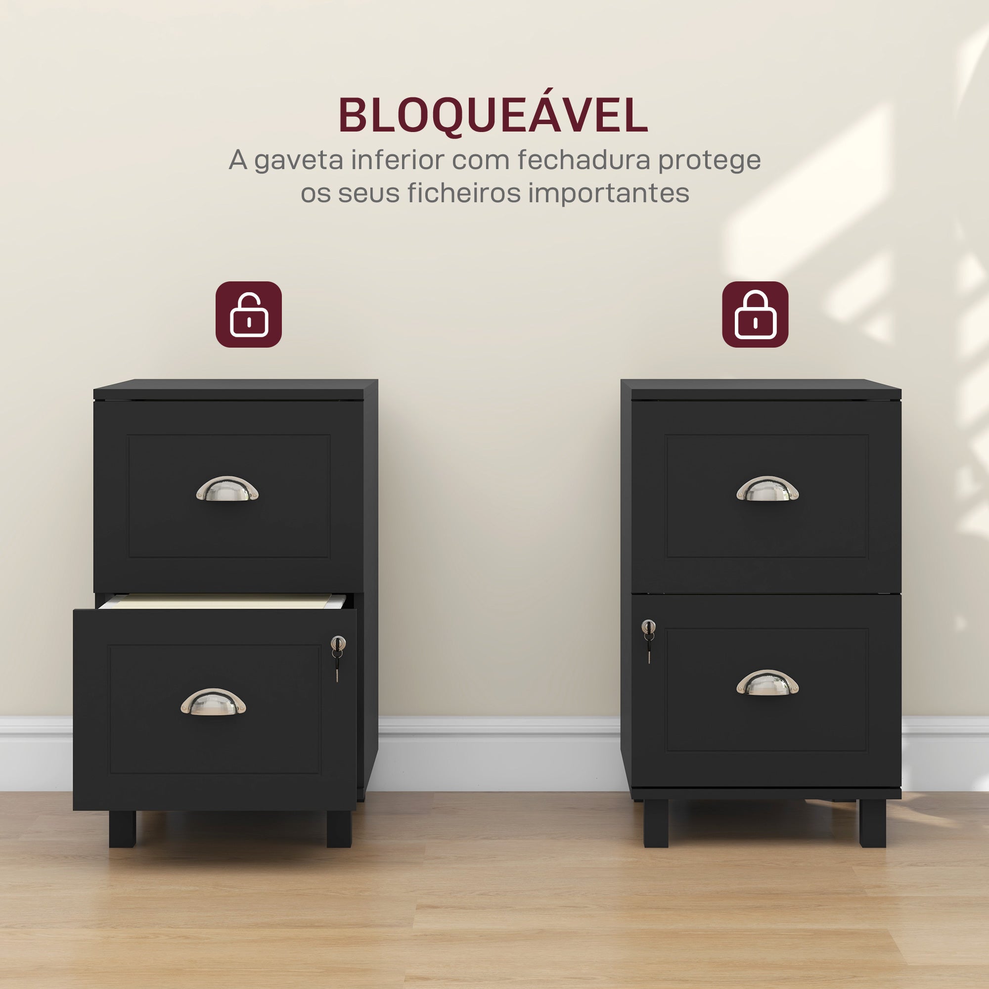 Bloco de Gavetas para Escritório com 2 Gavetas - 40x41,5x67,5 cm - Cor Preto