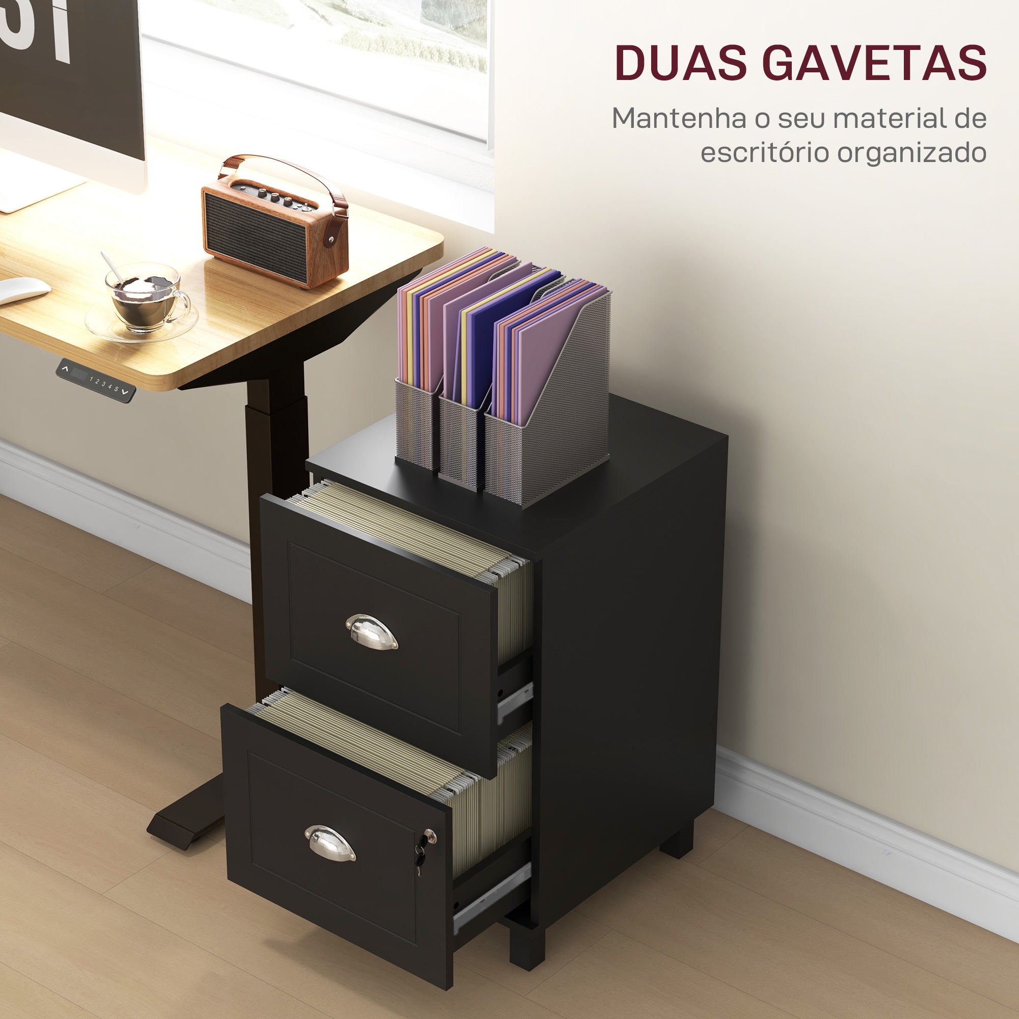 Bloco de Gavetas para Escritório com 2 Gavetas - 40x41,5x67,5 cm - Cor Preto
