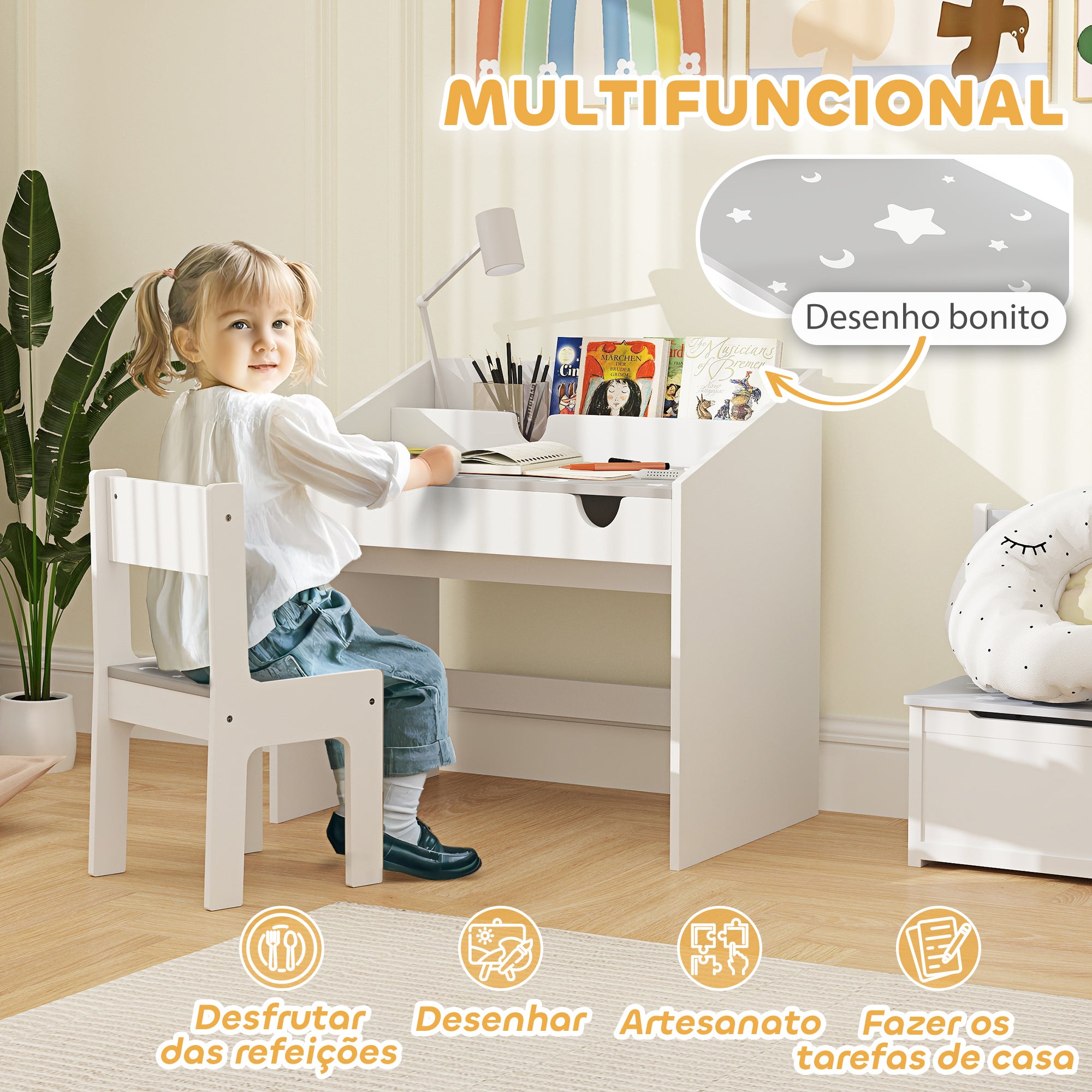 Conjunto de Secretária e Cadeira Infantil Cinza 69x50x75 cm