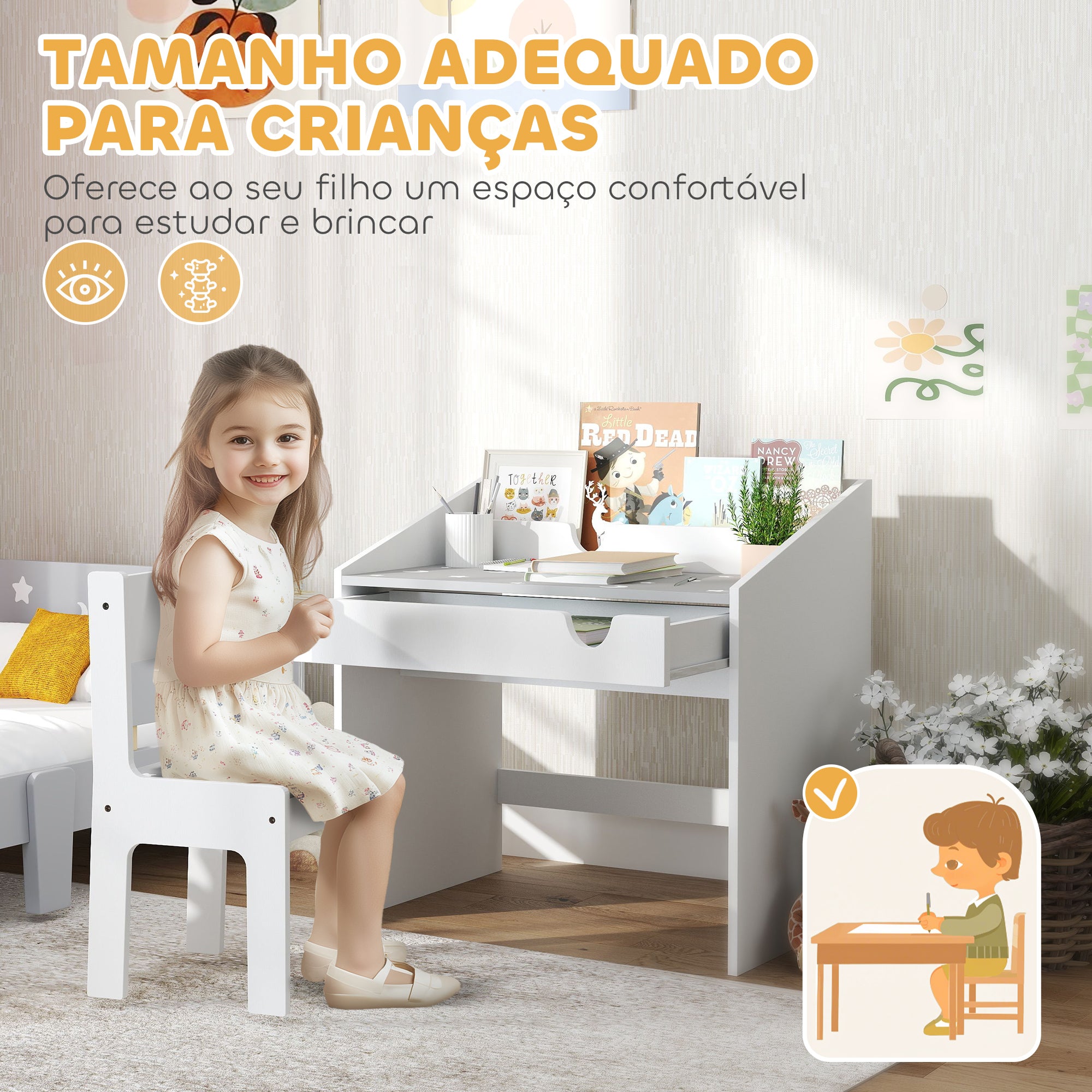 Conjunto de Secretária e Cadeira Infantil Cinza 69x50x75 cm