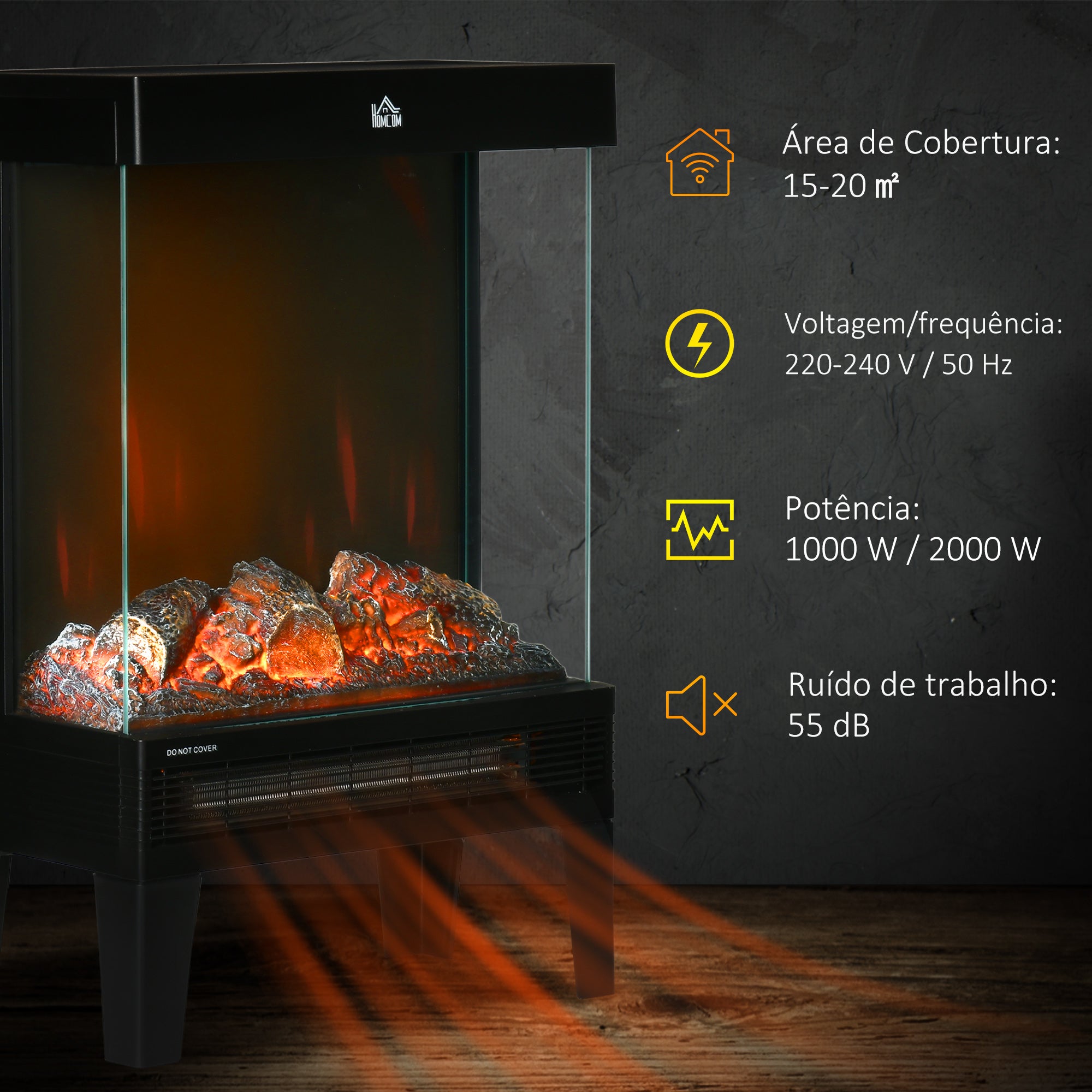 Lareira Elétrica 1000W/2000W Preto 40,5x20x62 cm