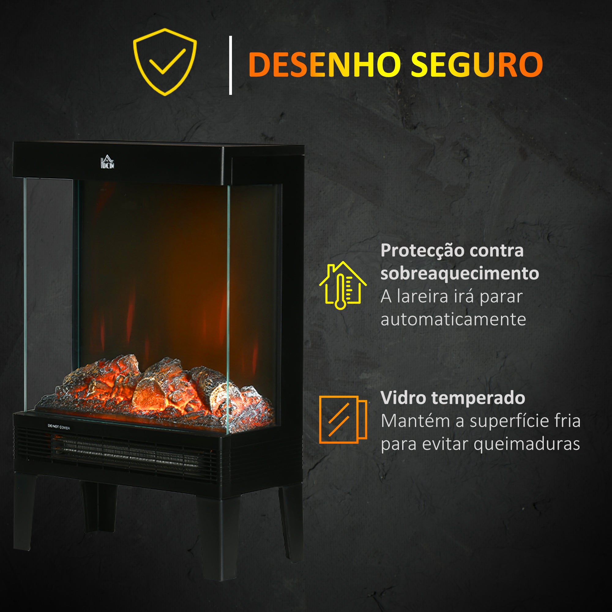 Lareira Elétrica 1000W/2000W Preto 40,5x20x62 cm
