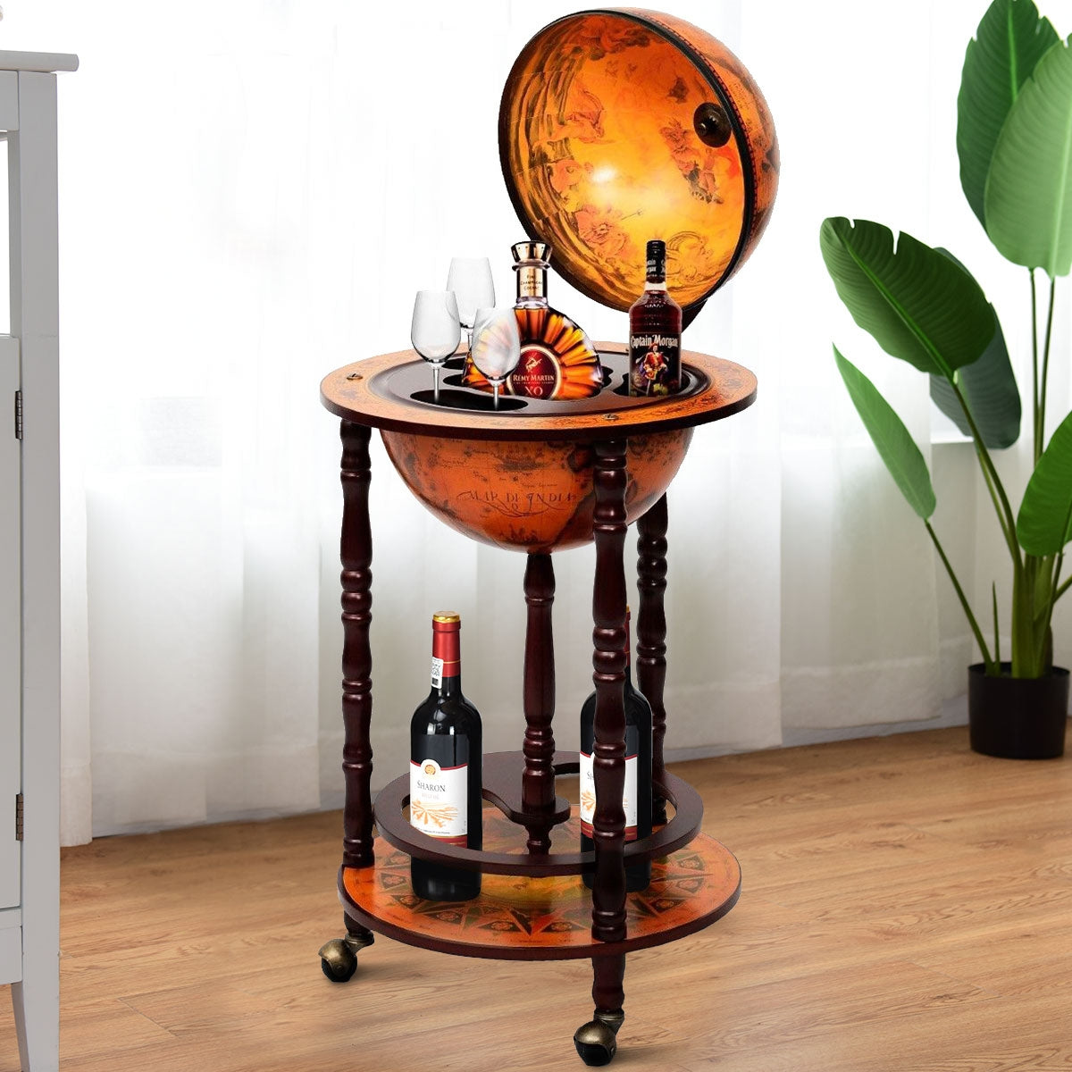 Estante de Vinhos com Design Vintage em Forma de Globo Minibar com Carrinho de Bar e Rodas
