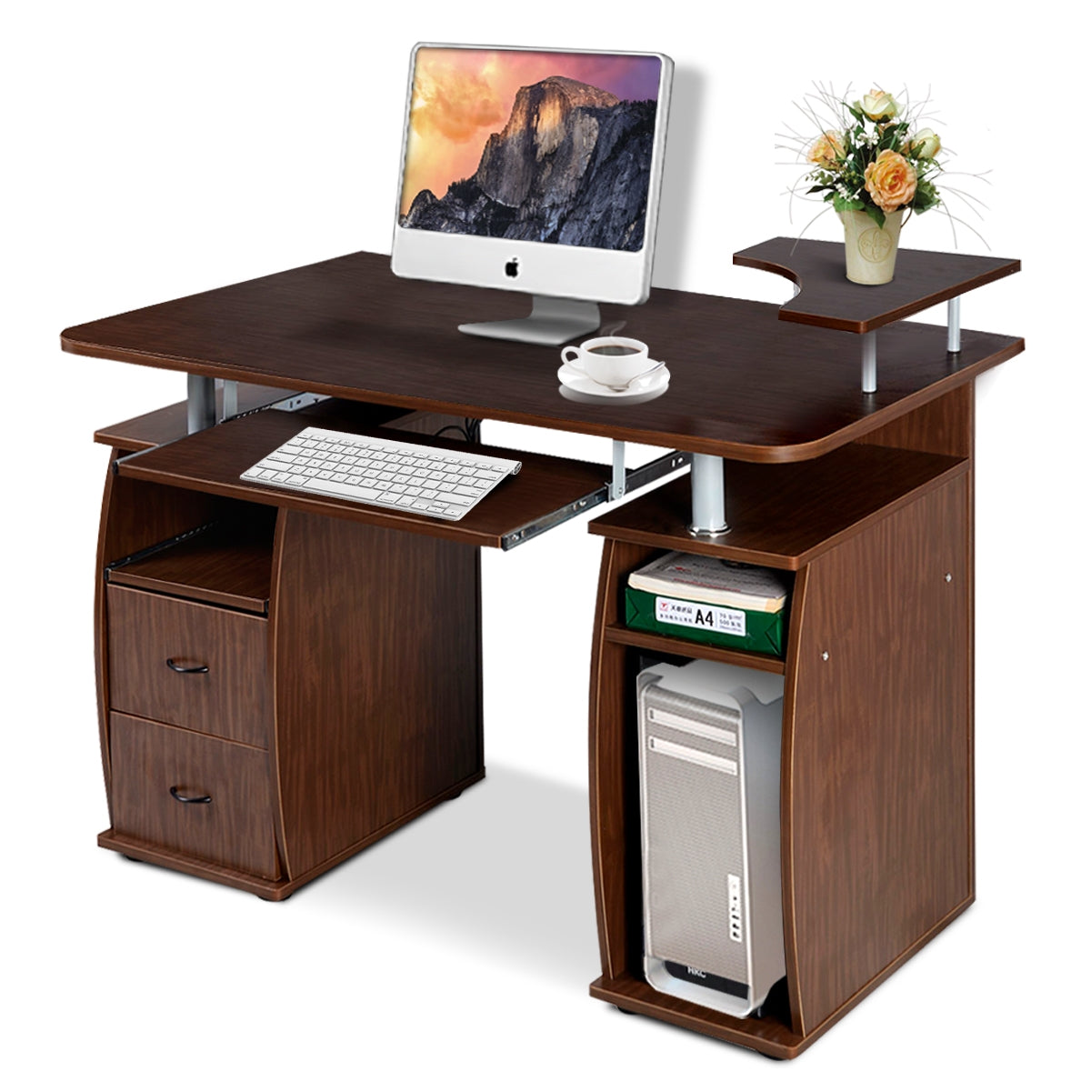 Mesa de Computador de Madeira com 2 Gavetas e Estante - Nogueira