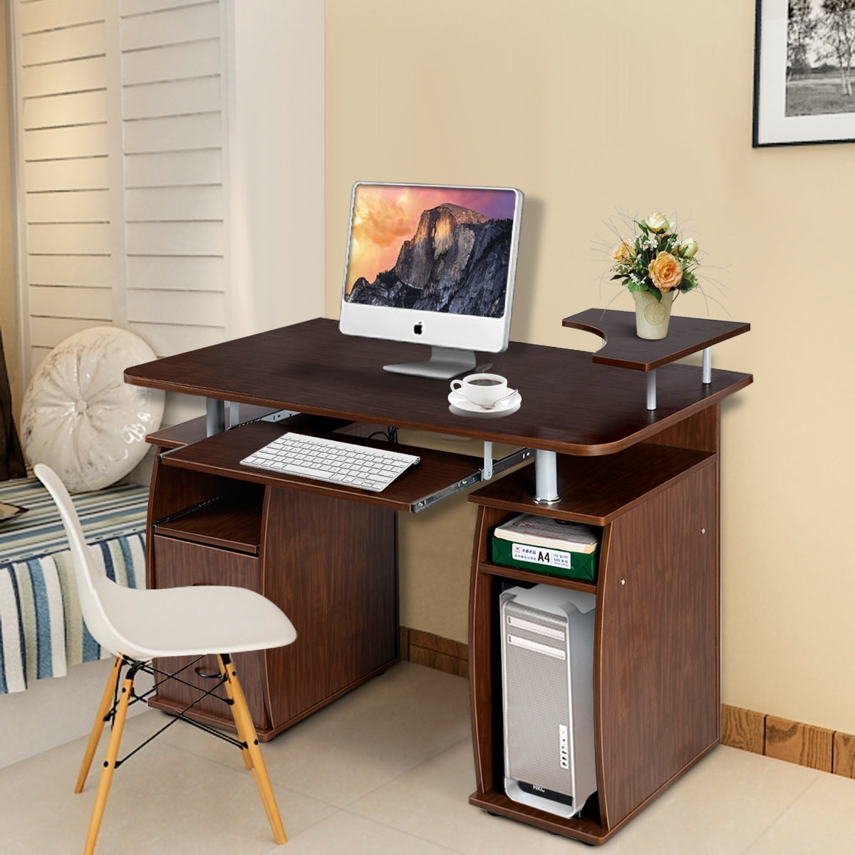 Mesa de Computador de Madeira com 2 Gavetas e Estante - Nogueira
