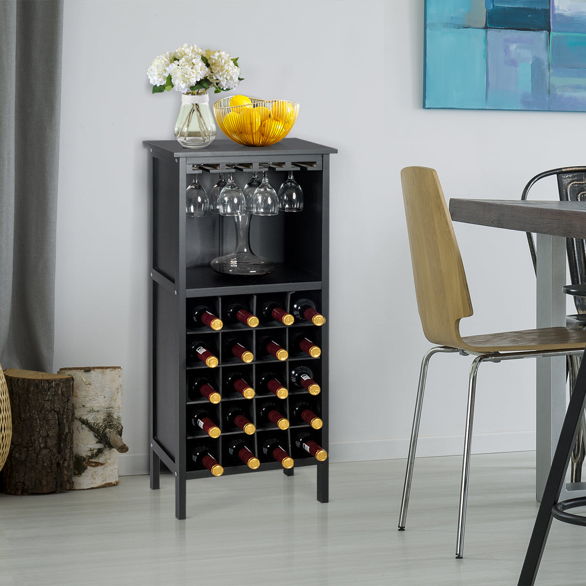 Garrafeira para 20 Garrafas de Vinho com Suporte para Copos em Madeira de Pinho 24,5 x 42 x 96 cm Preto