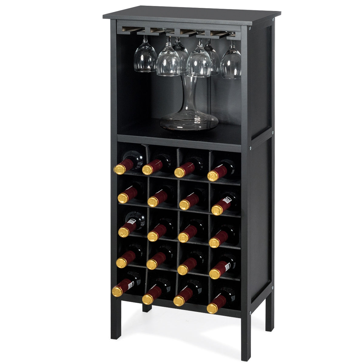 Garrafeira para 20 Garrafas de Vinho com Suporte para Copos em Madeira de Pinho 24,5 x 42 x 96 cm Preto