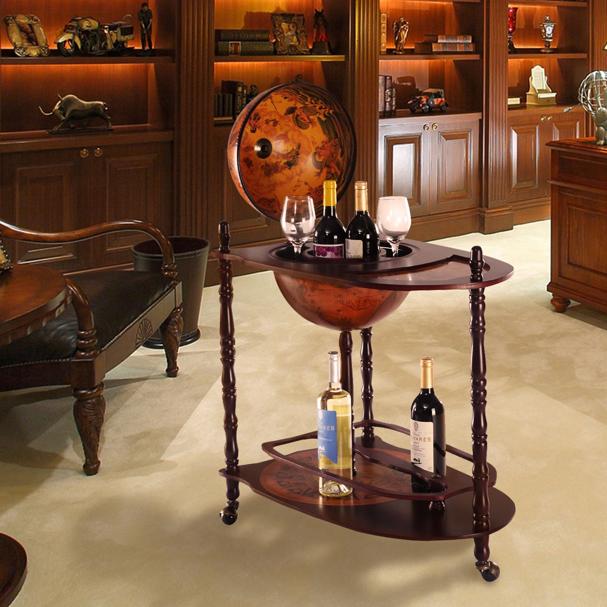 Minibar com globo e rodas Vintage 70x45x89cm