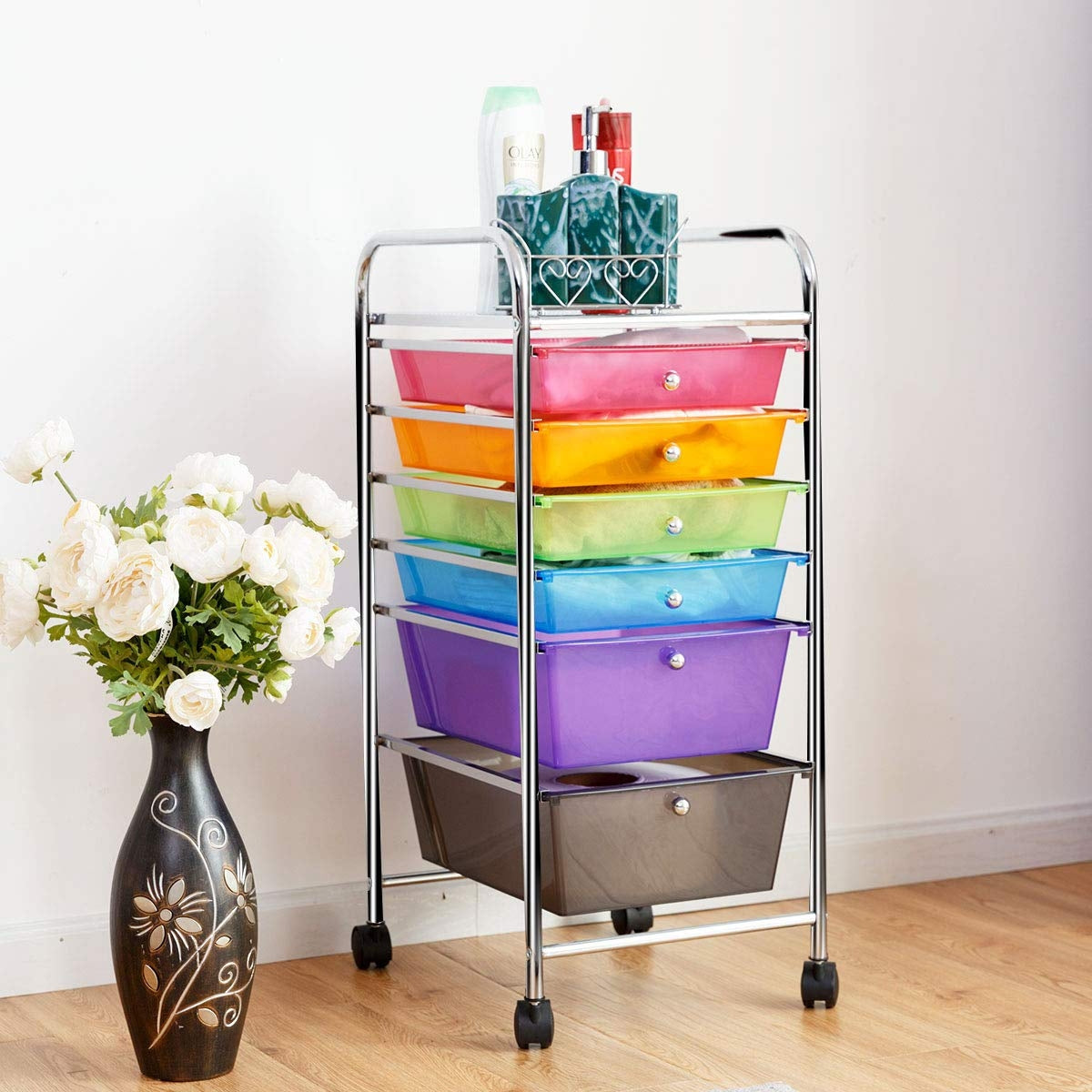 Carrinho com Rodas Casa Carrinho Auxiliar de Armazenamento com 6 Gavetas Empilháveis Removíveis para Cozinha Escritório 34 x 43,5 x 76 cm Multicolor
