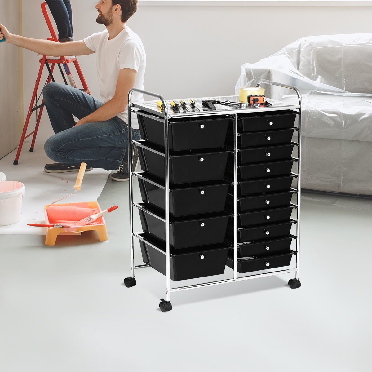 Carro de Armazenamento Multiusos com 15 Gavetas em Plástico para Cozinha, Contentor com Rodas Preto