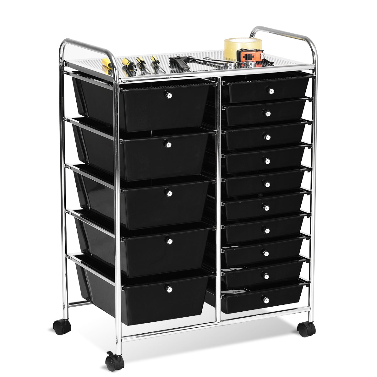 Carro de Armazenamento Multiusos com 15 Gavetas em Plástico para Cozinha, Contentor com Rodas Preto