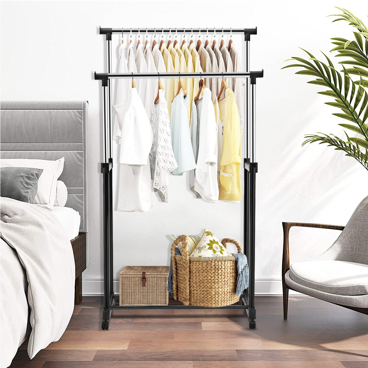 Perchero Carrinho com Rodas Estante Suporte Duplo Varão de Roupa Sapateira Organizadora 86 x 43 x 94-168 cm
