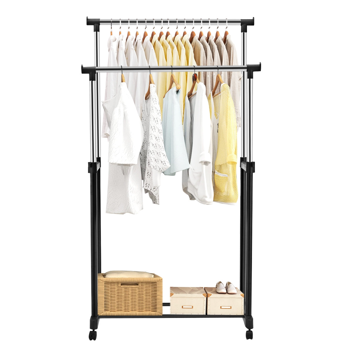 Perchero Carrinho com Rodas Estante Suporte Duplo Varão de Roupa Sapateira Organizadora 86 x 43 x 94-168 cm