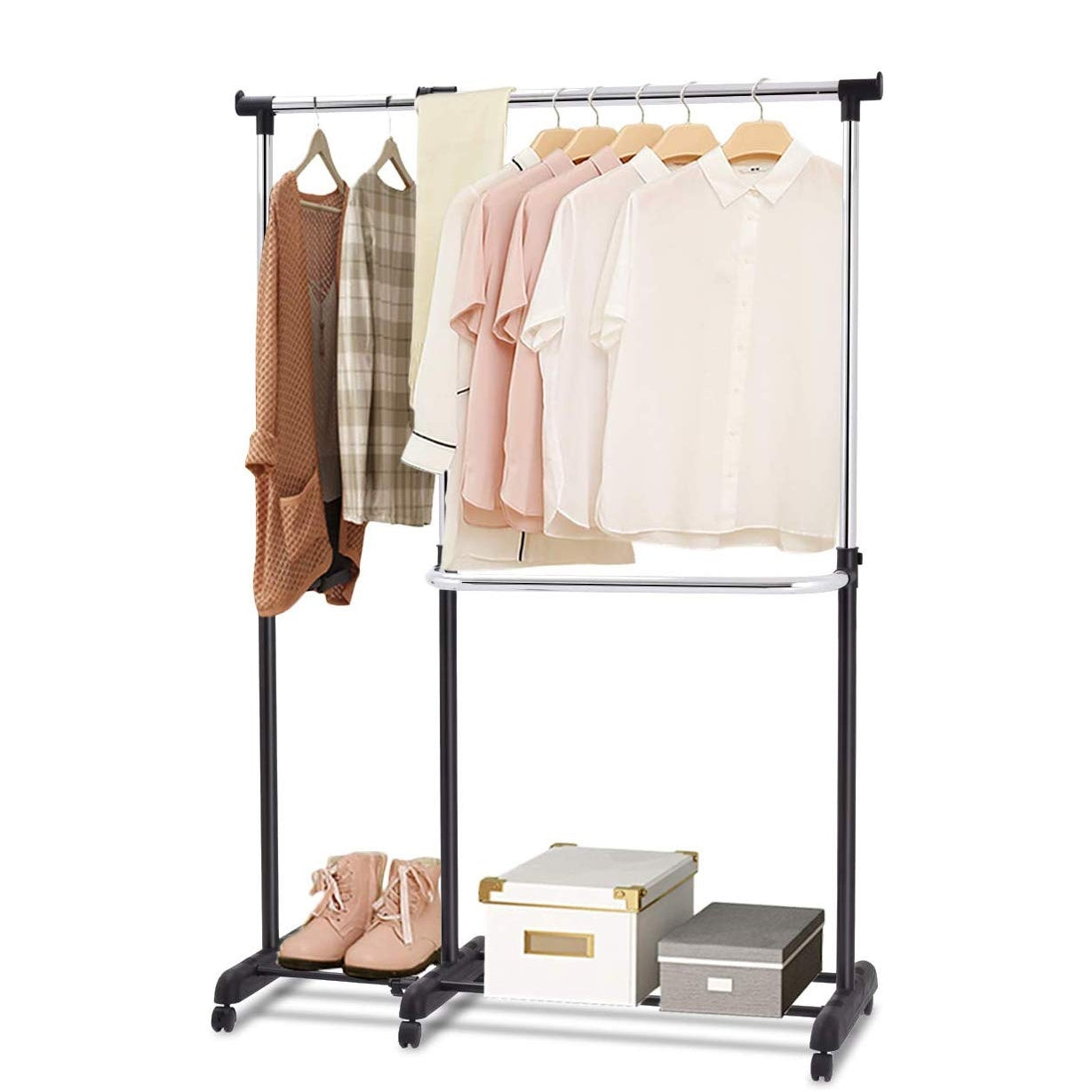 Perchero Extensível com Rodas Telescópico Ajustável em Altura para Roupa e Sapatos 90 x 44 x 93,5 cm